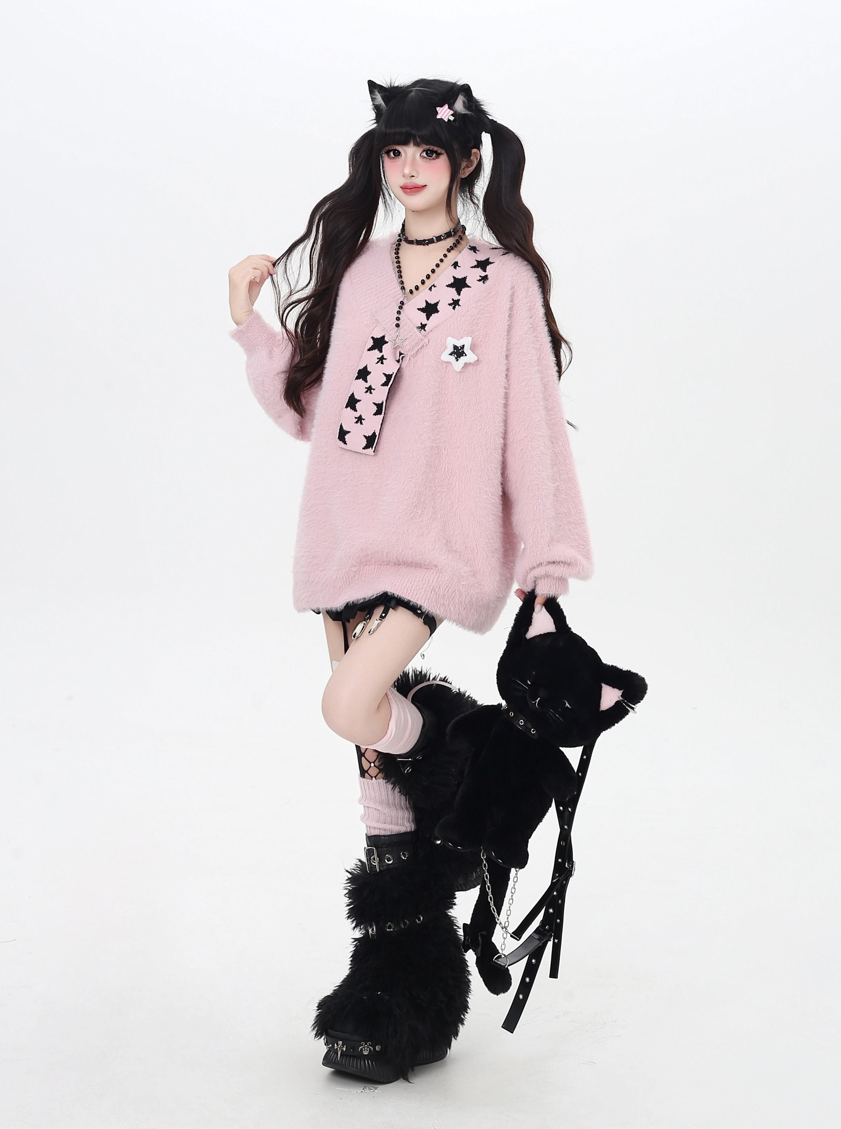 CRAZYGIRL_Star_Scarf_Layered_Look_Loose_V-neck_Women's_Faux_Mink_Plush_Sweaters_984616551395_MISSTT