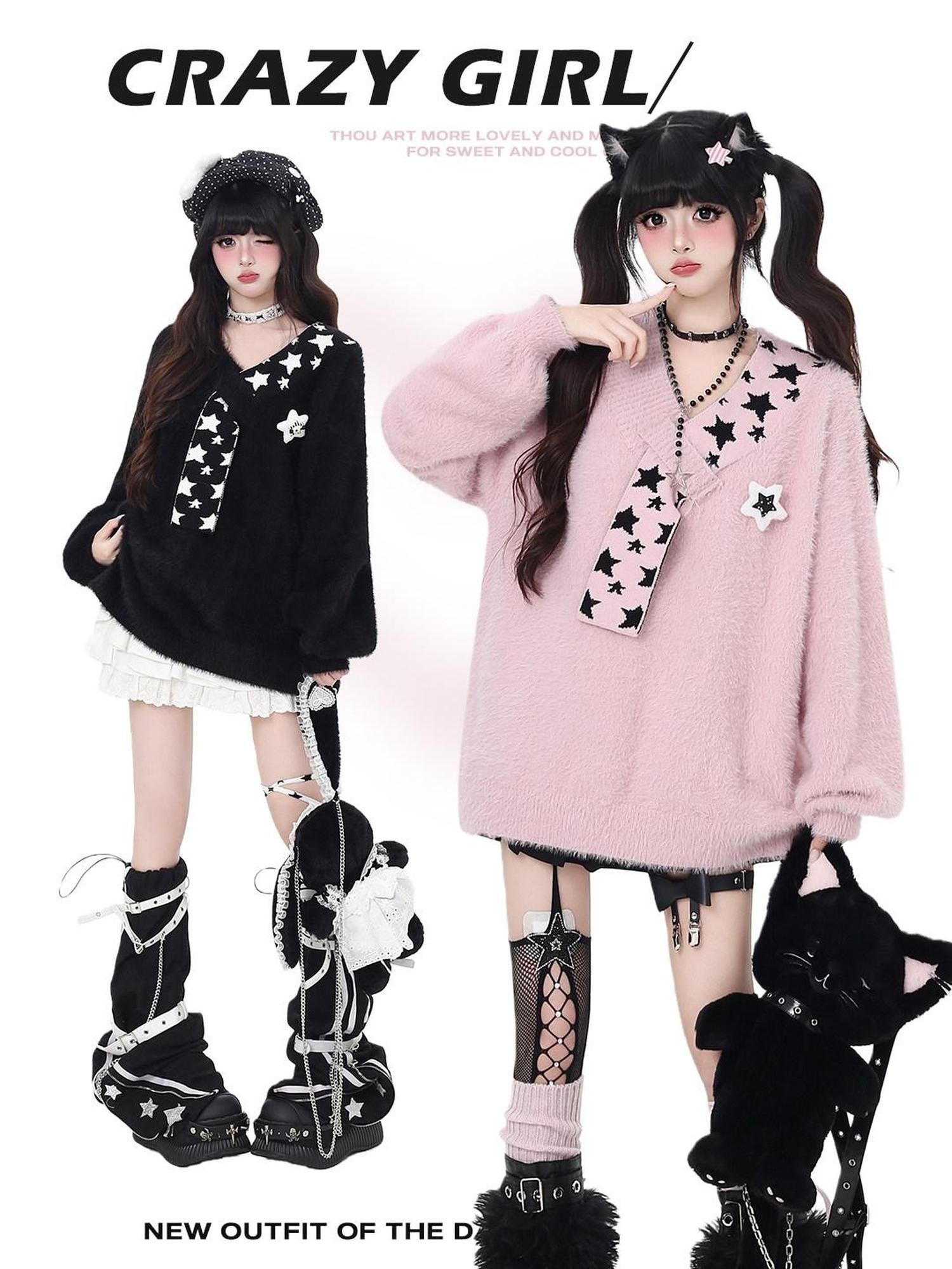 CRAZYGIRL Star Scarf Layered Look Loose V-neck Women's Faux Mink Plush Sweaters