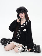 CRAZYGIRL Star Scarf Layered Look Loose V-neck Women's Faux Mink Plush Sweaters