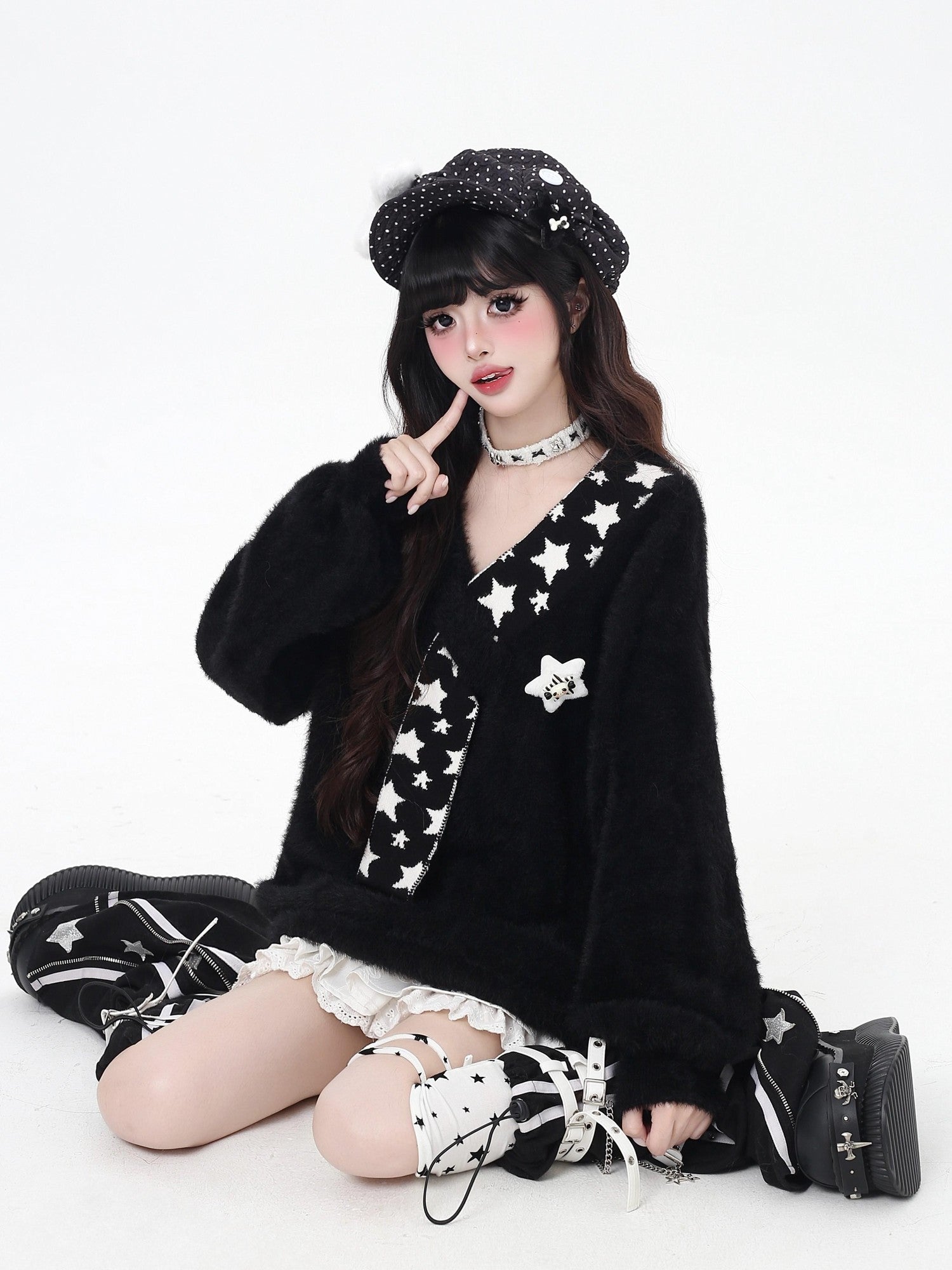 CRAZYGIRL Star Scarf Layered Look Loose V-neck Women's Faux Mink Plush Sweaters