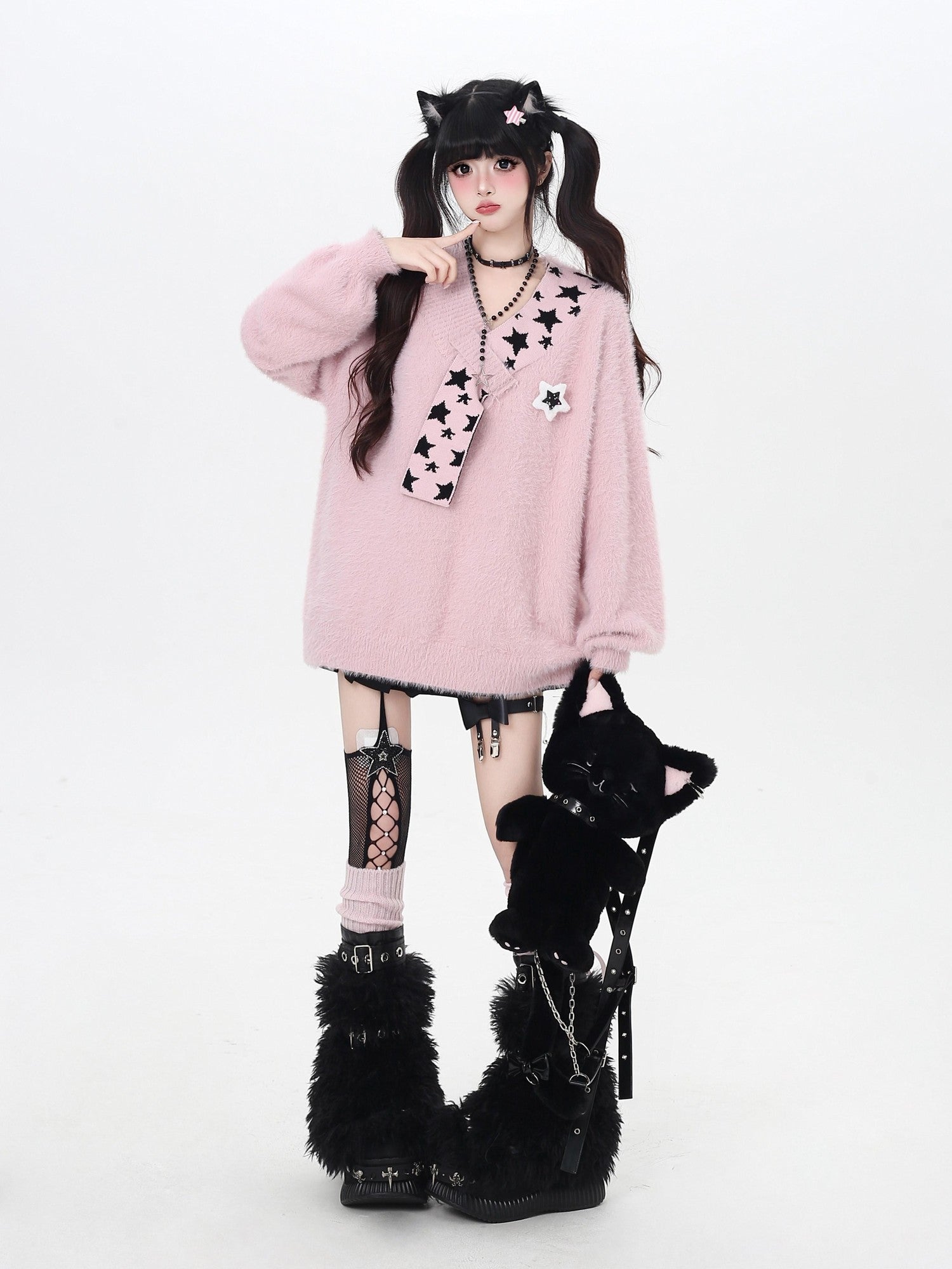 CRAZYGIRL Star Scarf Layered Look Loose V-neck Women's Faux Mink Plush Sweaters