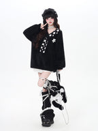 CRAZYGIRL Star Scarf Layered Look Loose V-neck Women's Faux Mink Plush Sweaters