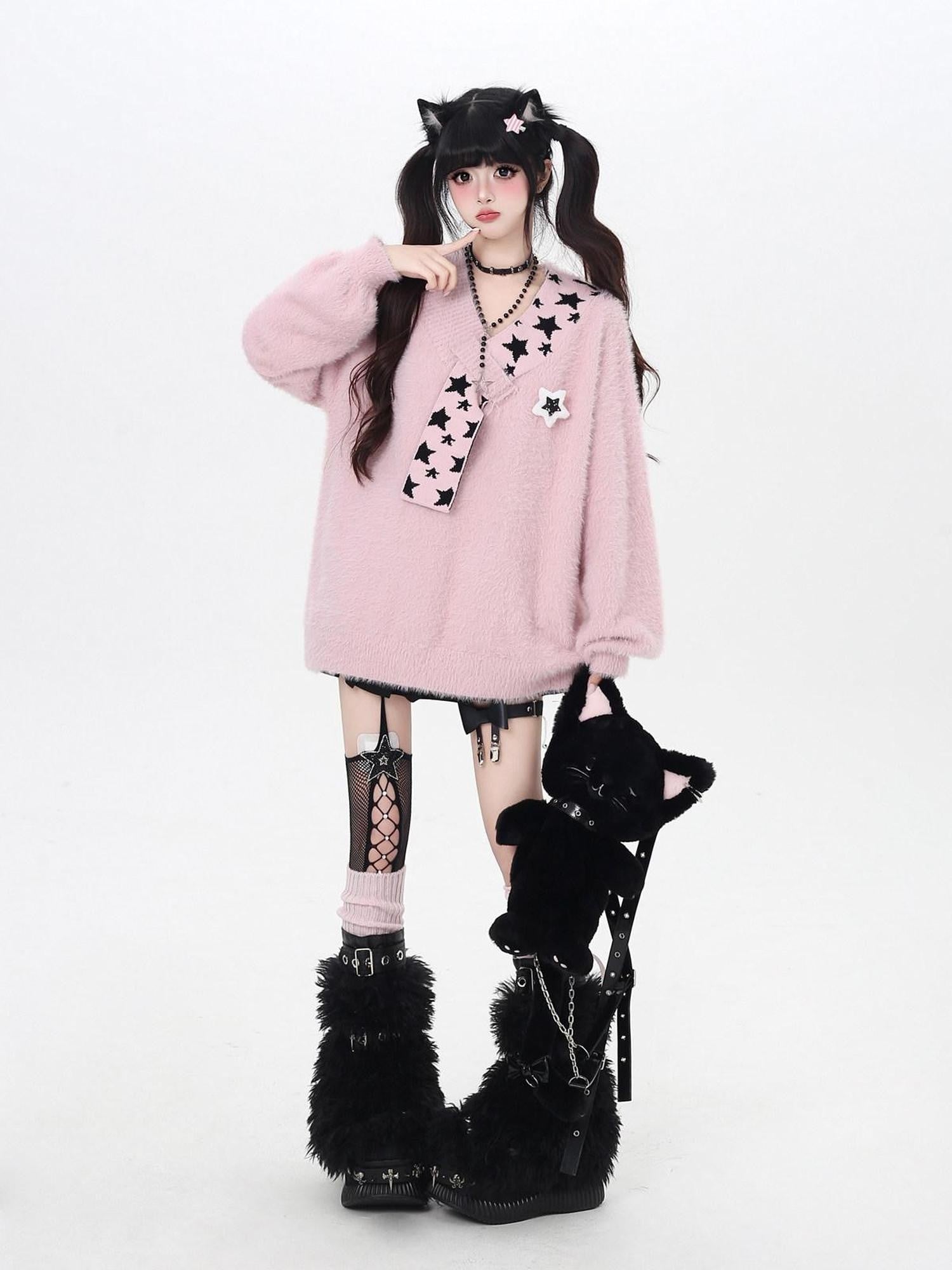 CRAZYGIRL Star Scarf Layered Look Loose V-neck Women's Faux Mink Plush Sweaters