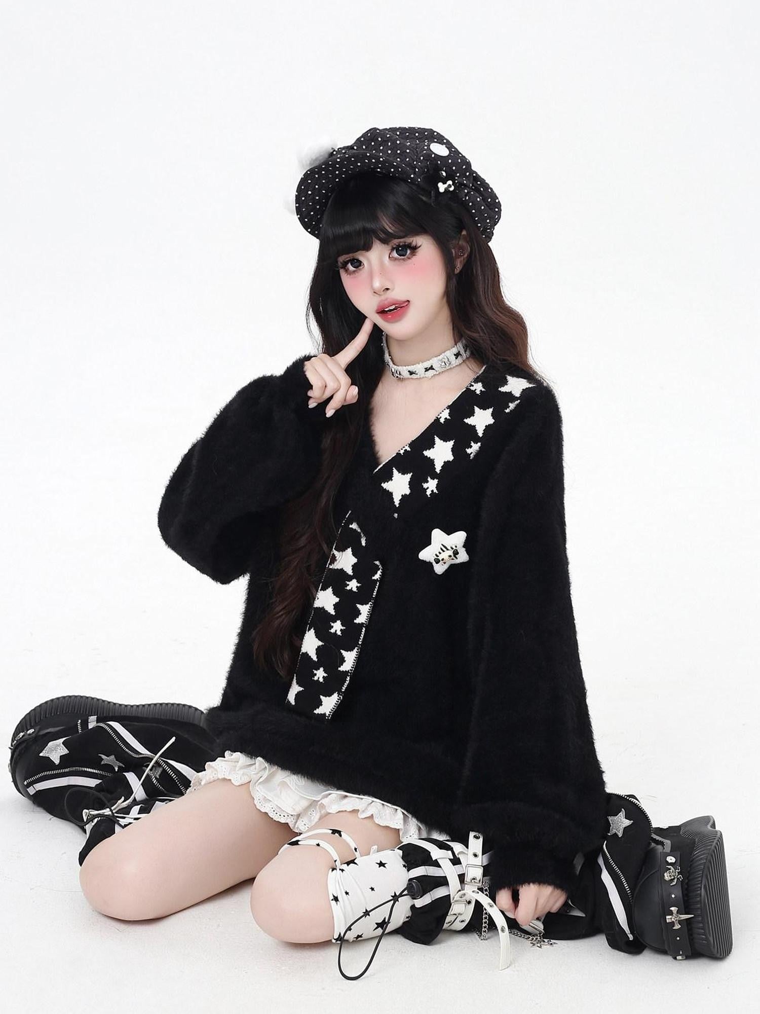 CRAZYGIRL Star Scarf Layered Look Loose V-neck Women's Faux Mink Plush Sweaters