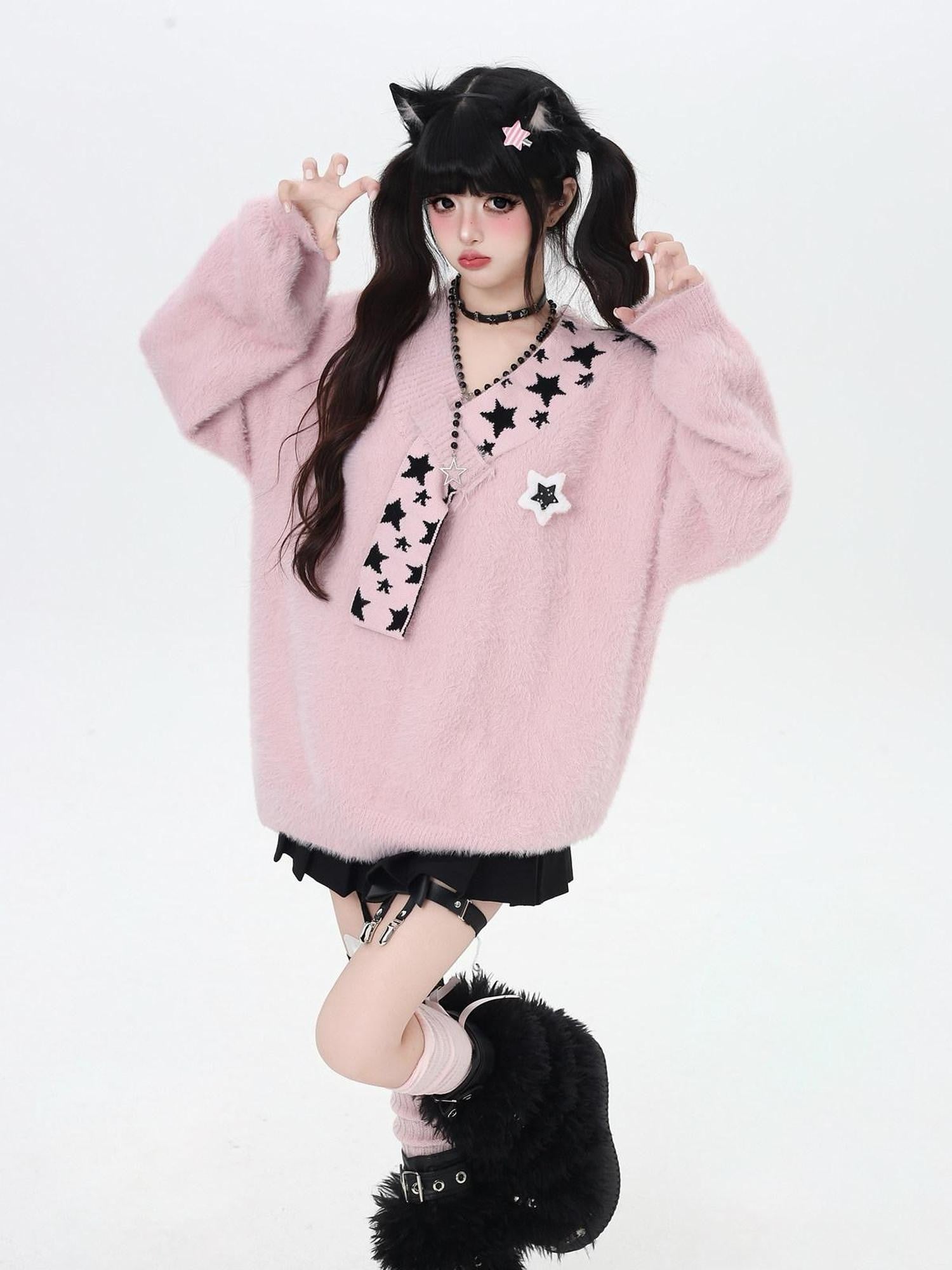 CRAZYGIRL Star Scarf Layered Look Loose V-neck Women's Faux Mink Plush Sweaters