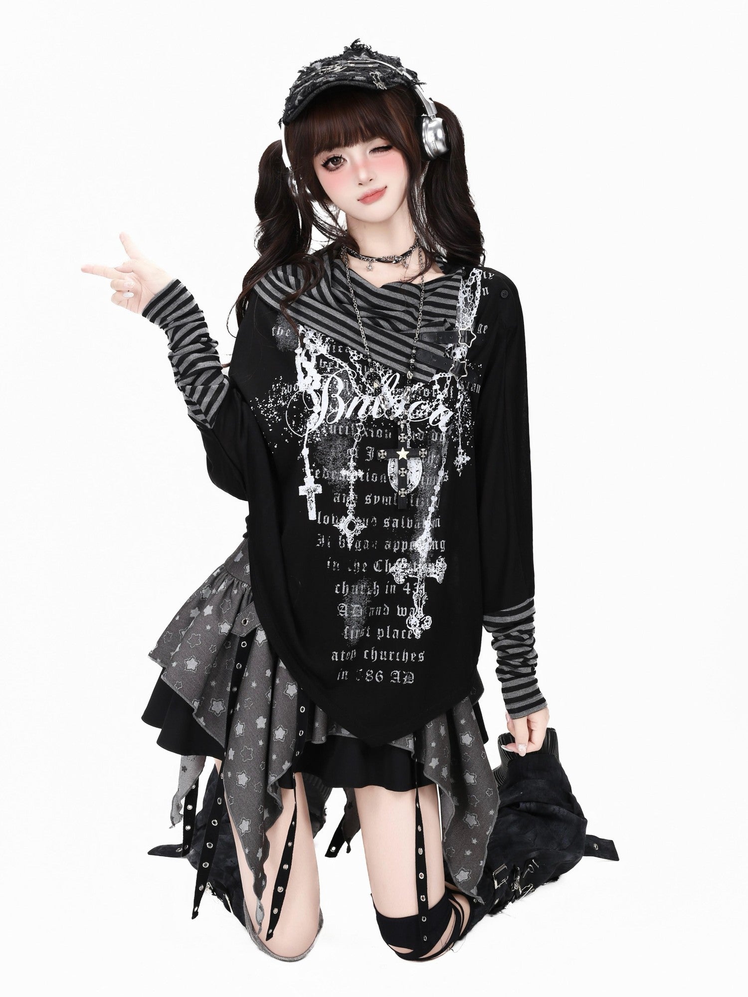 CRAZYGIRL Star Tear Jacquard Pleated Asymmetric High Waist Zipper Women's Mini Skirts