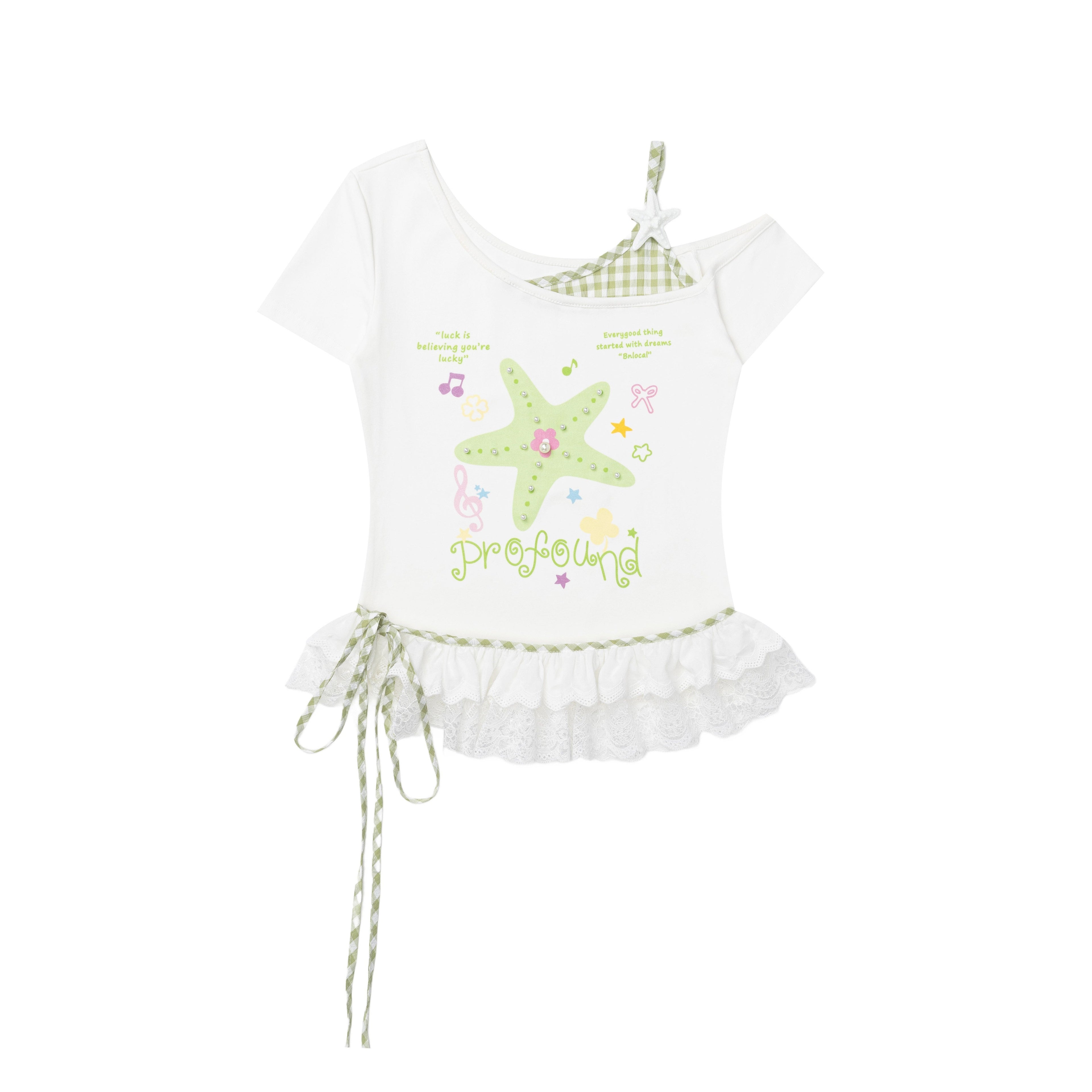 CRAZYGIRL_Starfish_Print_Plaid_Lace_Tie_Front_Slim_Women's_Short_Sleeve_T-shirts_1057714254493_MISSTT