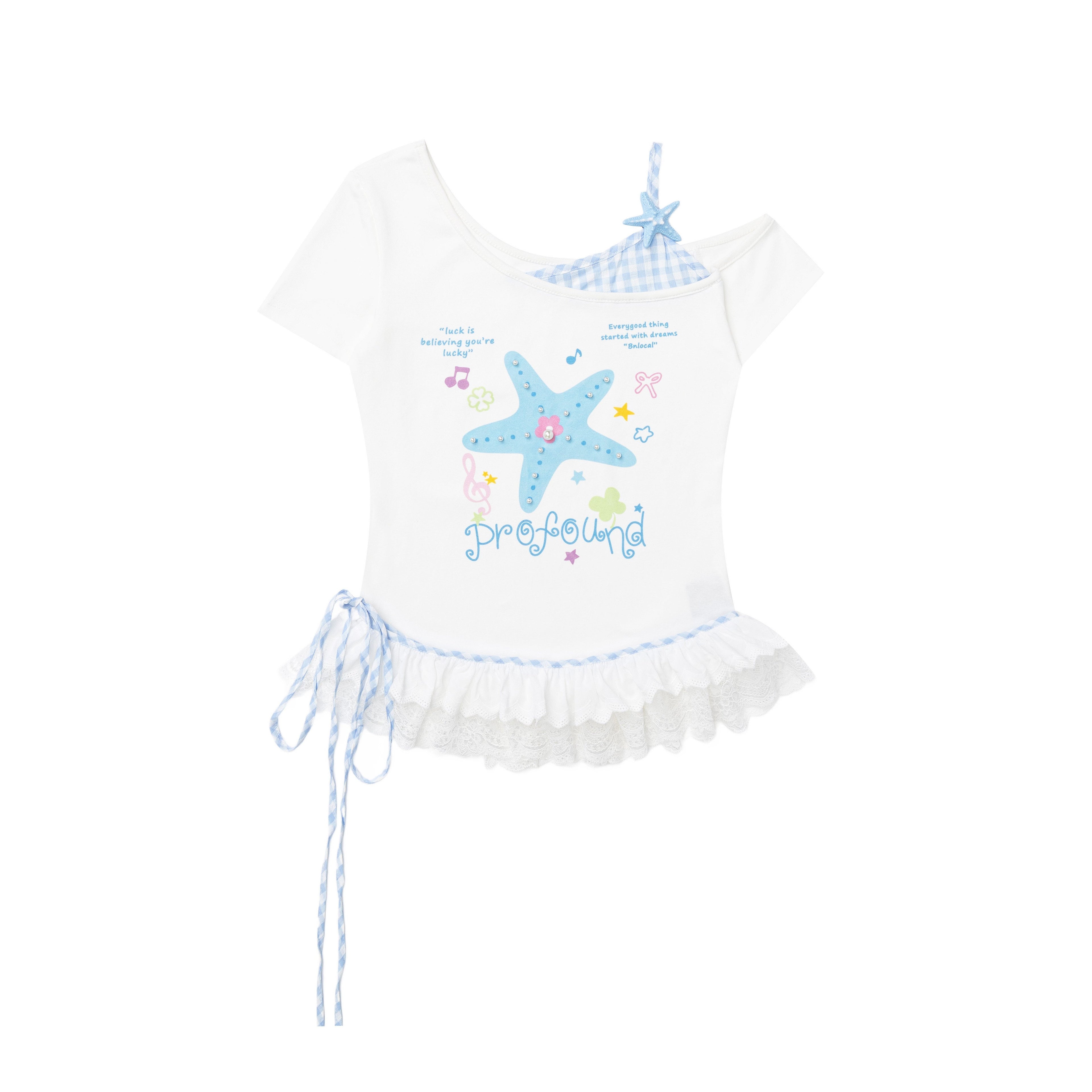 CRAZYGIRL_Starfish_Print_Plaid_Lace_Tie_Front_Slim_Women's_Short_Sleeve_T-shirts_1057714254493_MISSTT