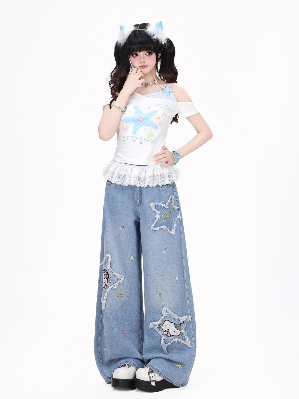 CRAZYGIRL Starfish Print Plaid Lace Tie Front Slim Women's Short Sleeve T-shirts