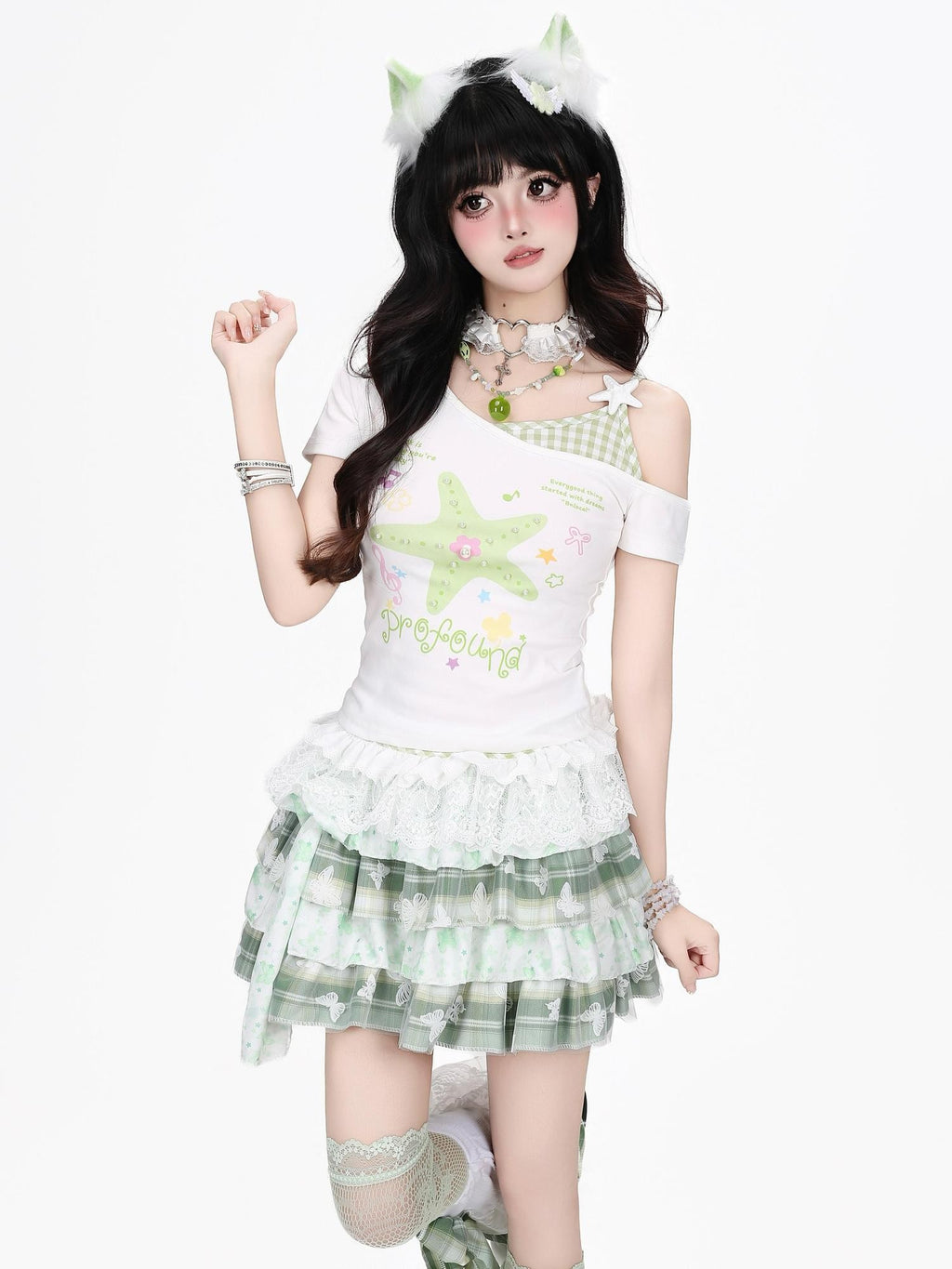 CRAZYGIRL Starfish Print Plaid Lace Tie Front Slim Women's Short Sleeve T-shirts