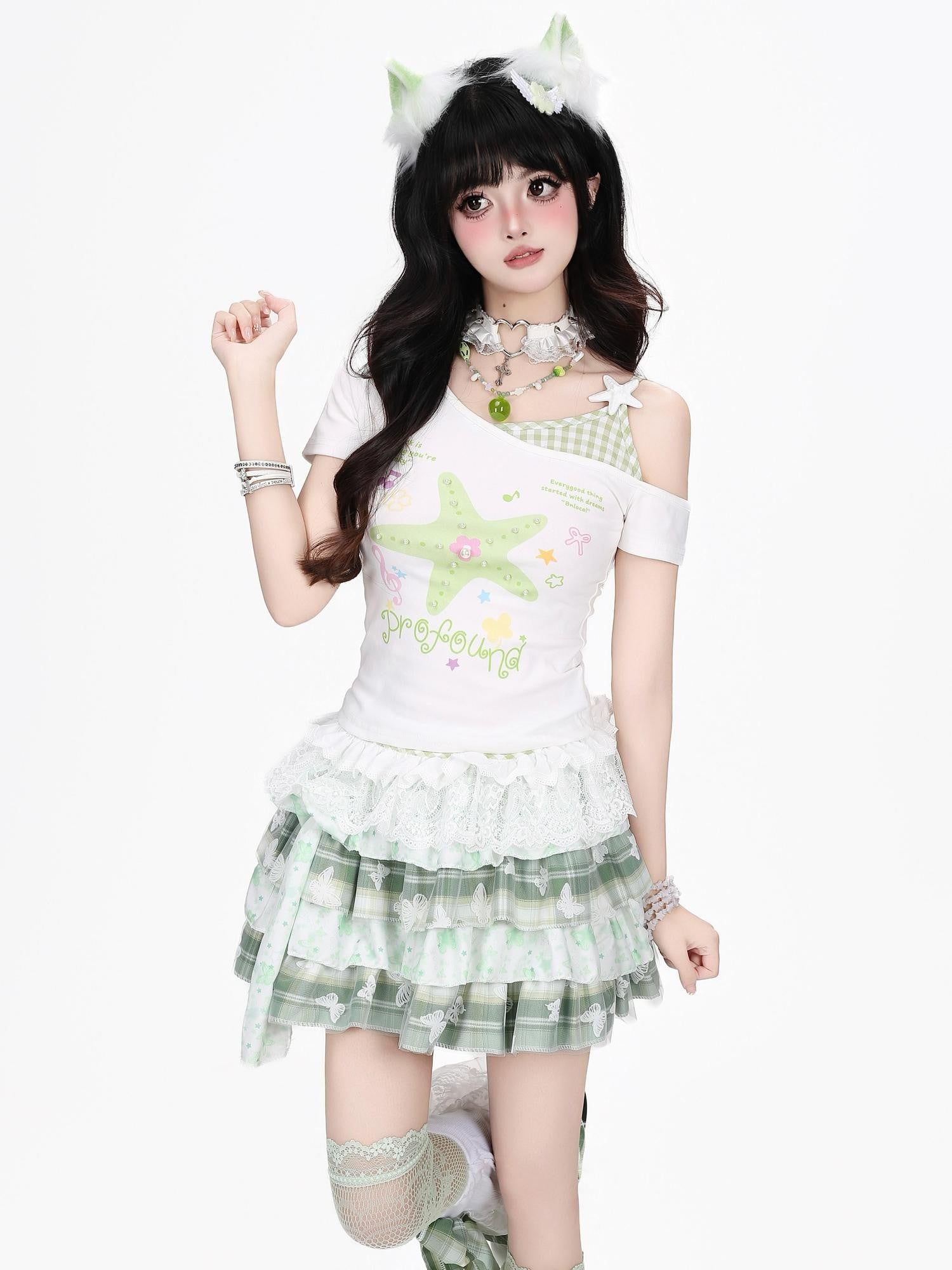 CRAZYGIRL Starfish Print Plaid Lace Tie Front Slim Women's Short Sleeve T-shirts