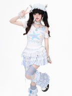 CRAZYGIRL Starfish Print Plaid Lace Tie Front Slim Women's Short Sleeve T-shirts