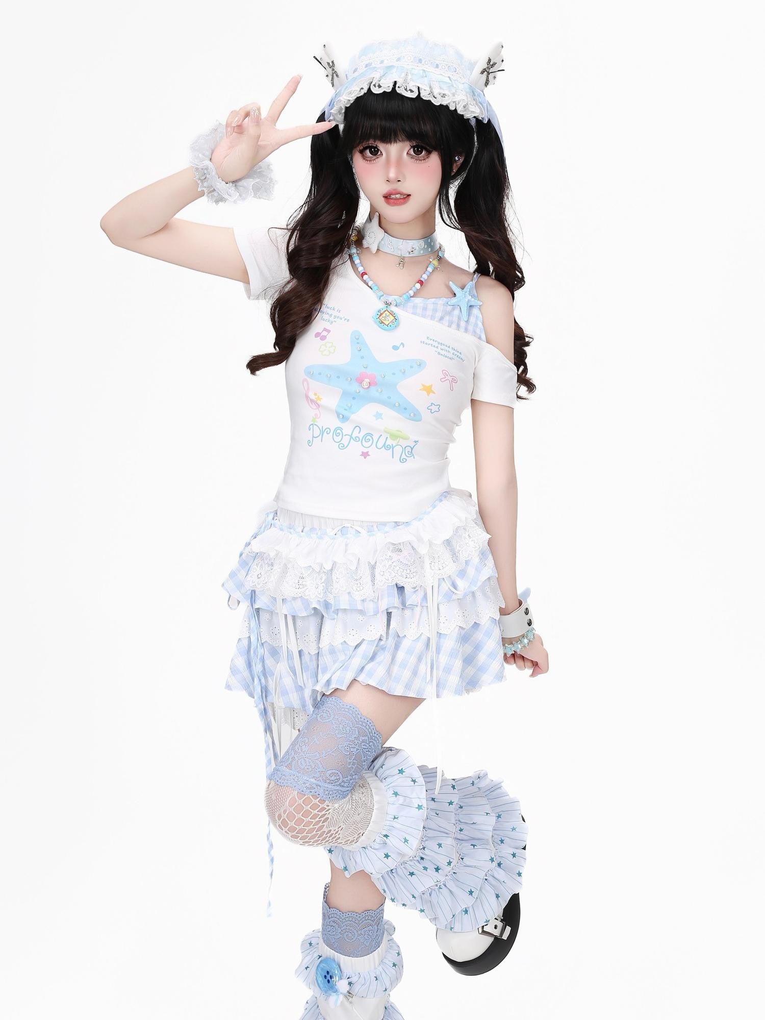CRAZYGIRL Starfish Print Plaid Lace Tie Front Slim Women's Short Sleeve T-shirts