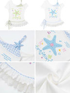 CRAZYGIRL Starfish Print Plaid Lace Tie Front Slim Women's Short Sleeve T-shirts
