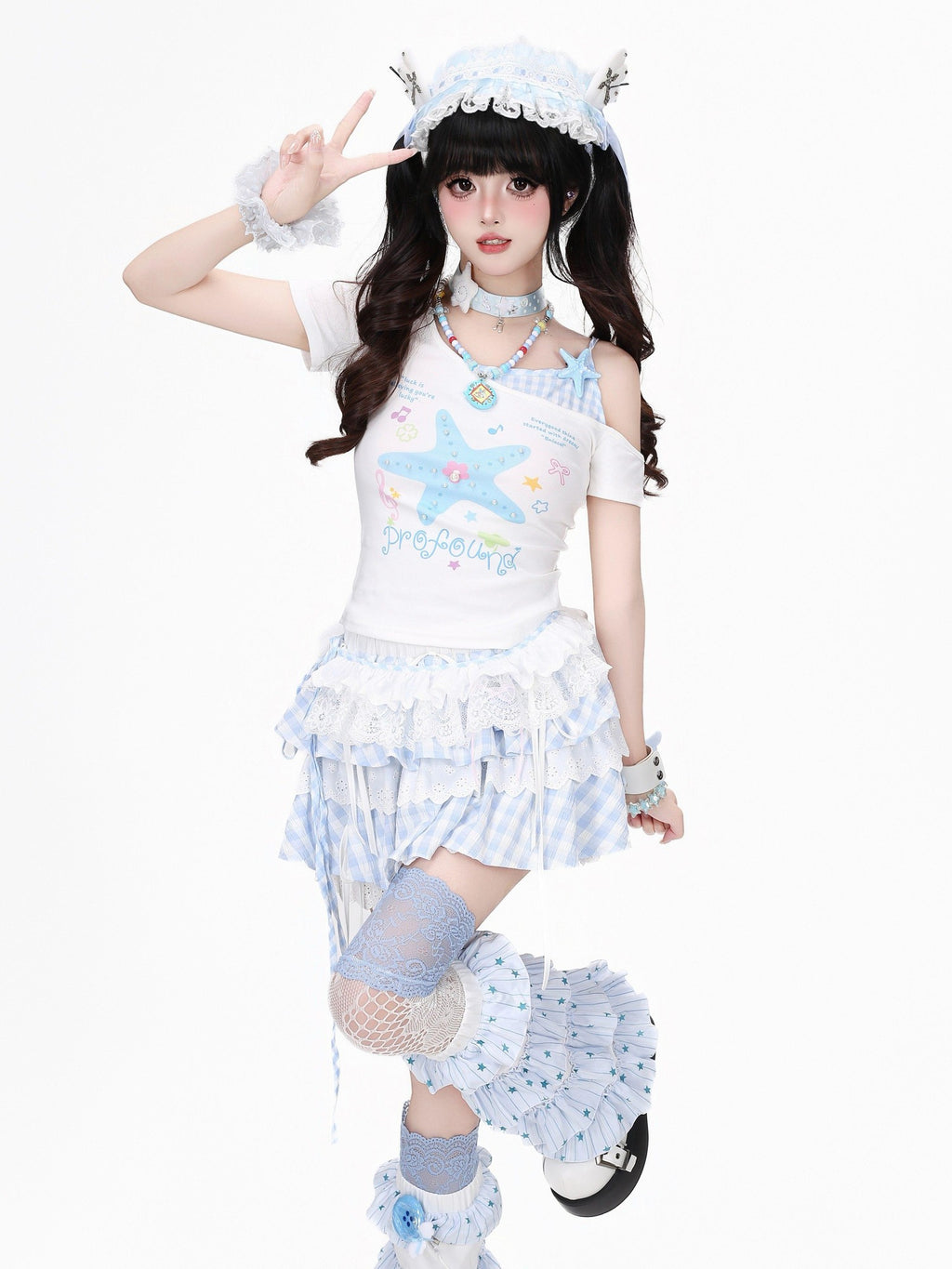 CRAZYGIRL Starfish Print Plaid Lace Tie Front Slim Women's Short Sleeve T-shirts