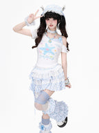 CRAZYGIRL Starfish Print Plaid Lace Tie Front Slim Women's Short Sleeve T-shirts