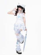 CRAZYGIRL Starfish Print Plaid Lace Tie Front Slim Women's Short Sleeve T-shirts