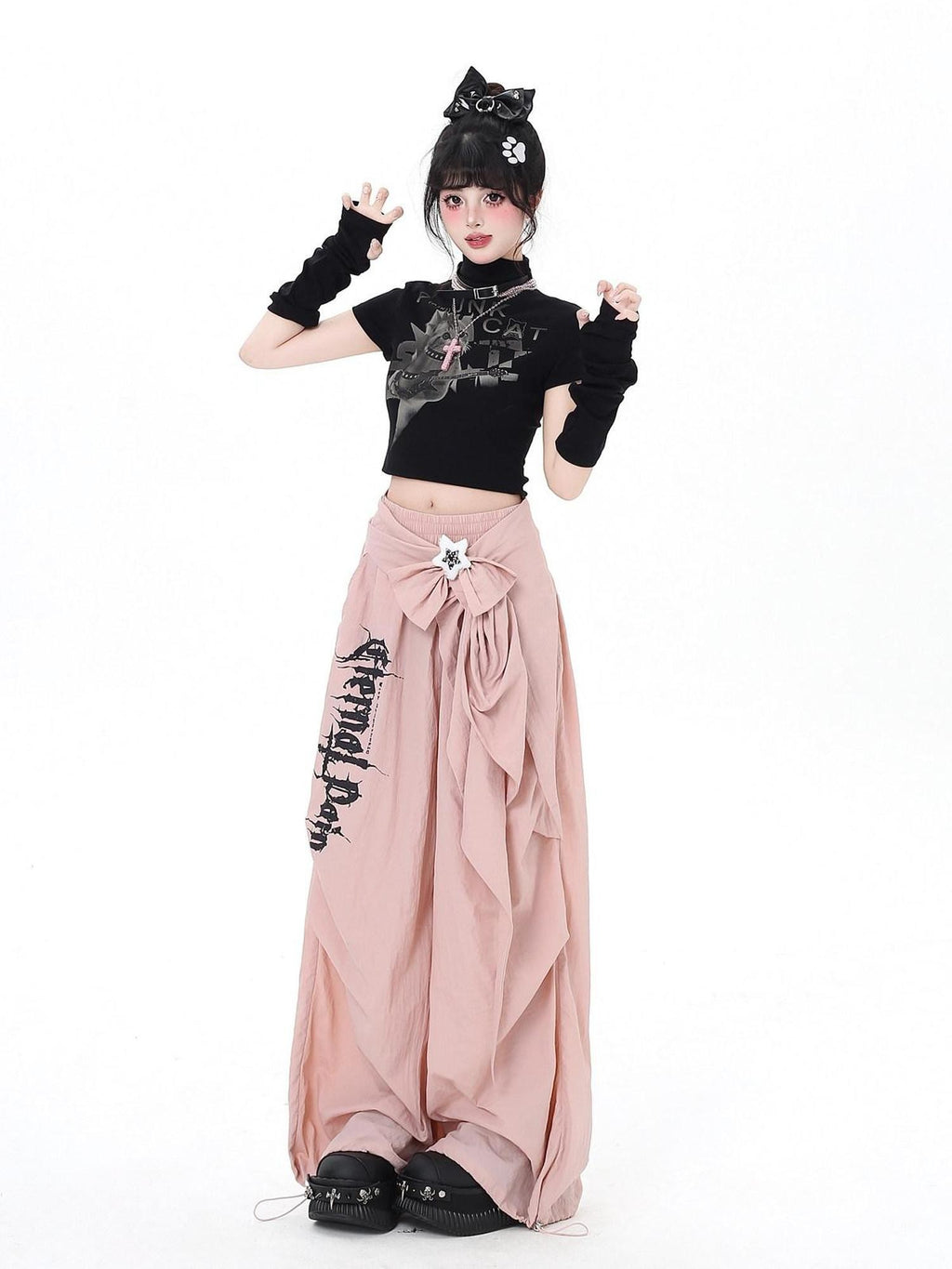 CRAZYGIRL Street Sweet Cool High Waist Cargo Women's Other Fabric Wide-leg Pants