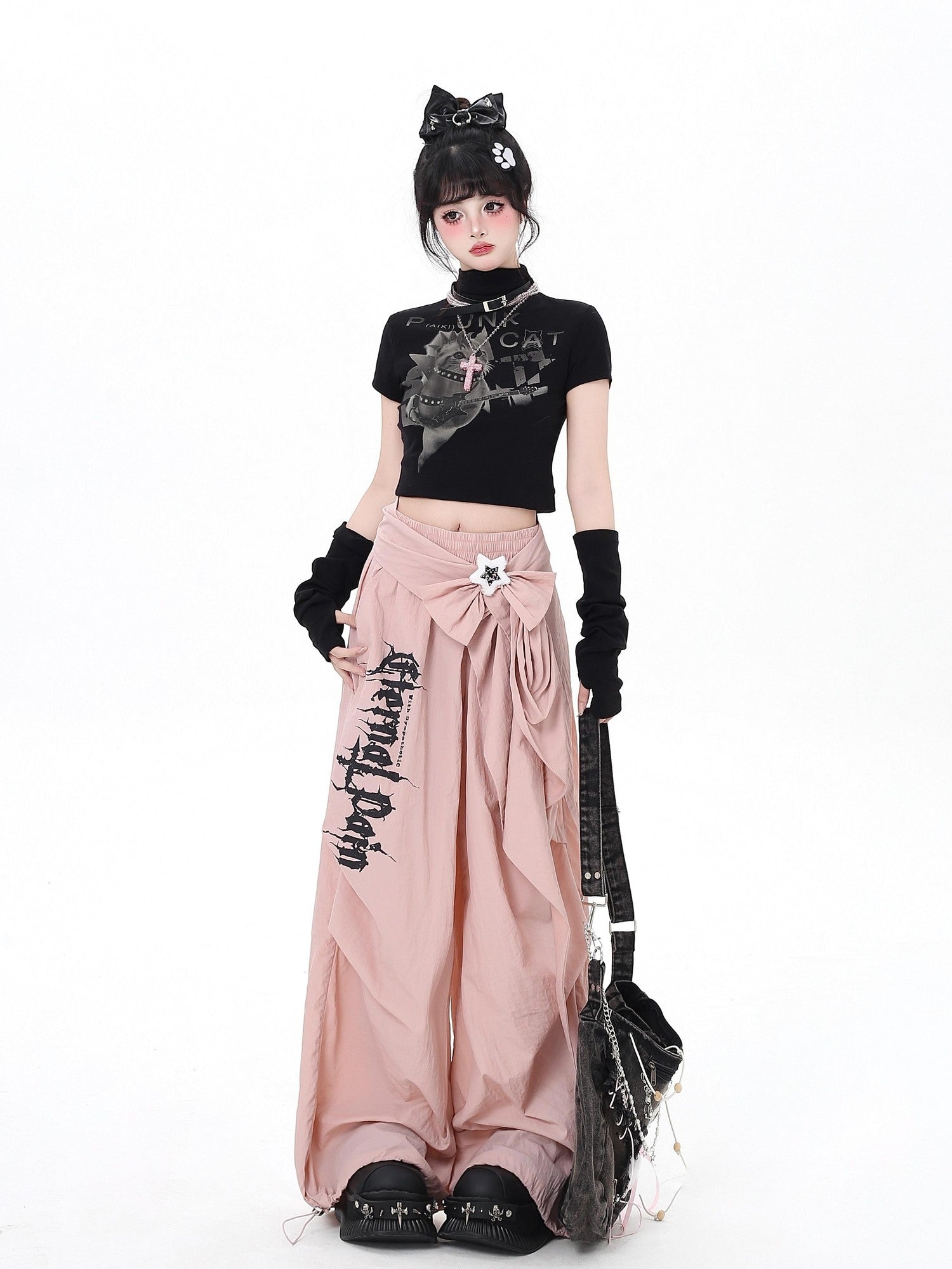 CRAZYGIRL Street Sweet Cool High Waist Cargo Women's Other Fabric Wide-leg Pants