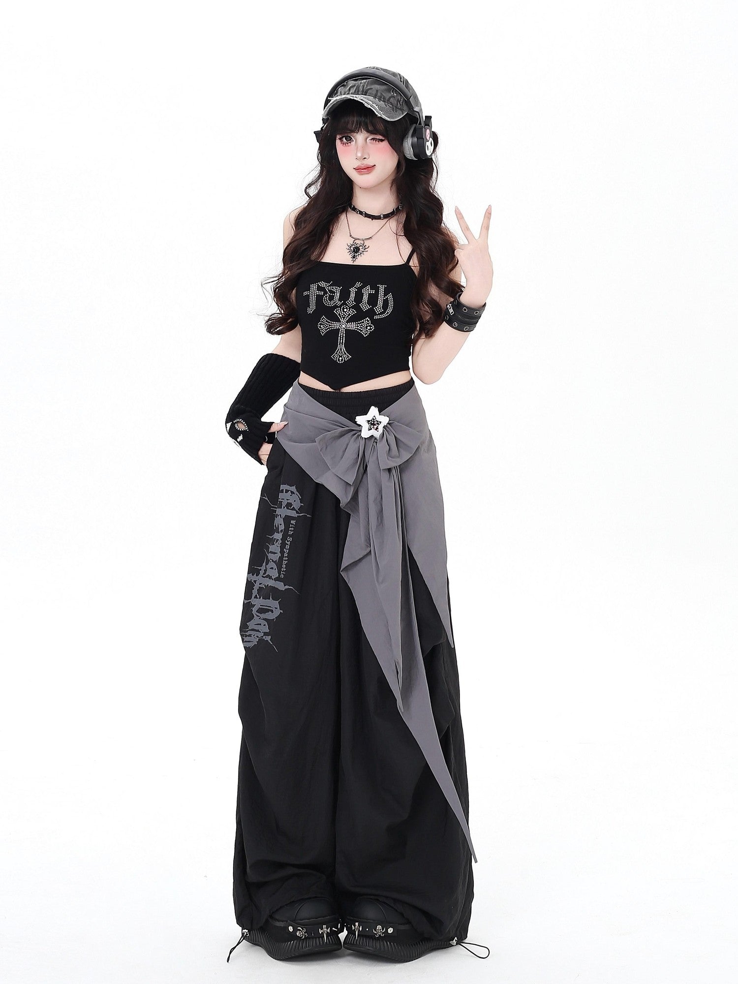 CRAZYGIRL Street Sweet Cool High Waist Cargo Women's Other Fabric Wide-leg Pants