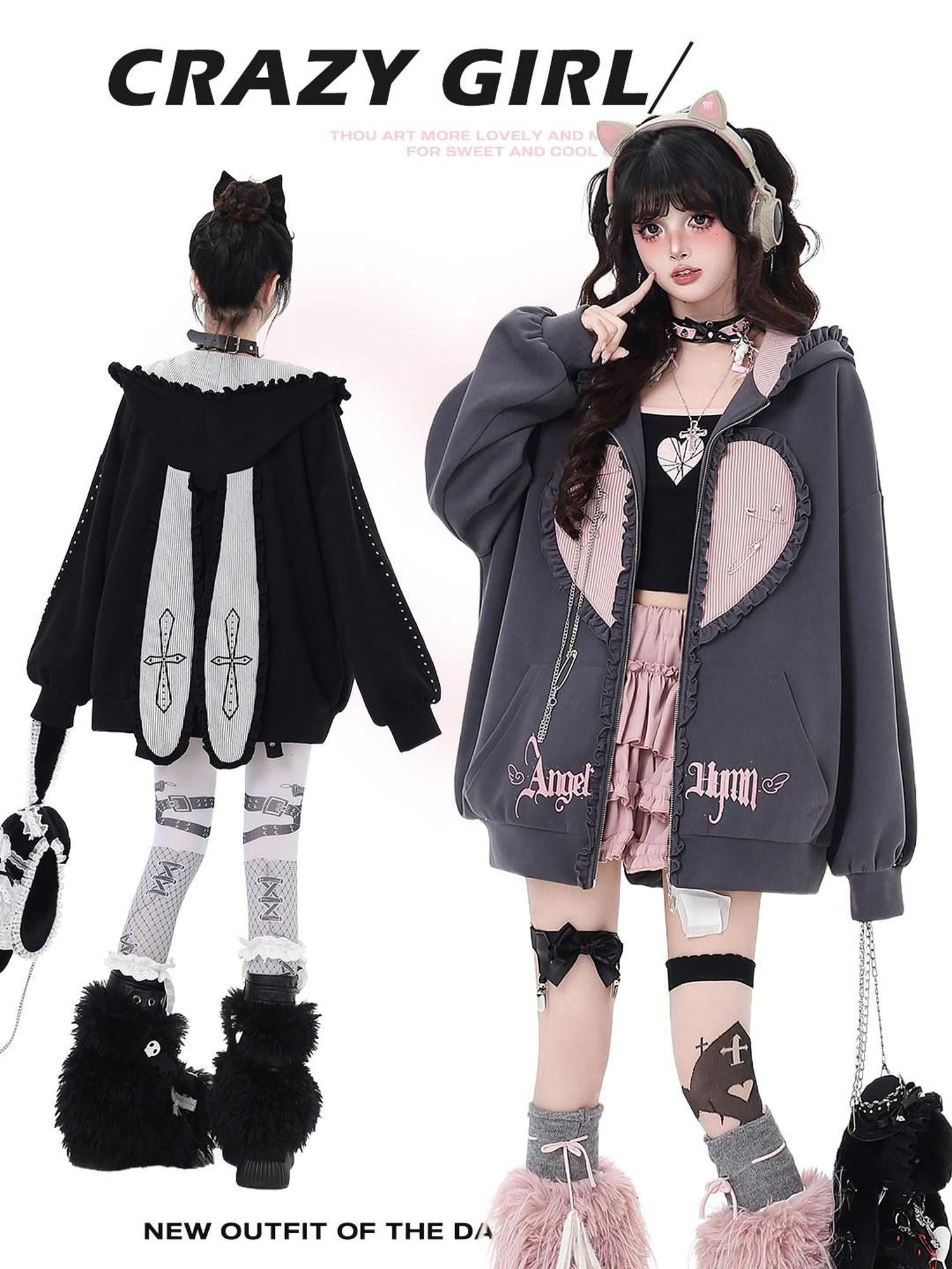 CRAZYGIRL Striped Bunny Ear Cute Hooded Zip Oversized Long Sleeve Women's Hoodies
