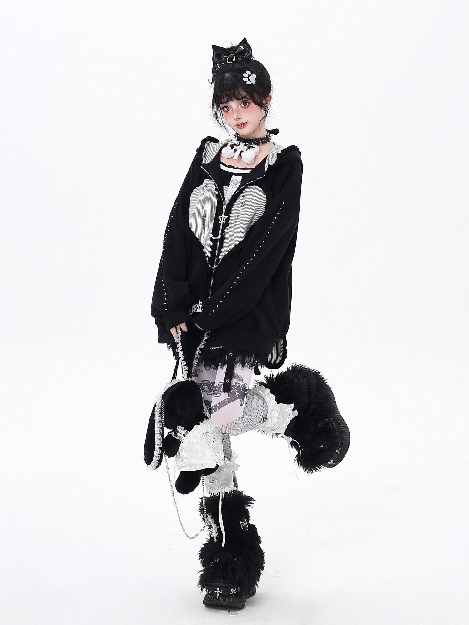 CRAZYGIRL Striped Bunny Ear Cute Hooded Zip Oversized Long Sleeve Women's Hoodies