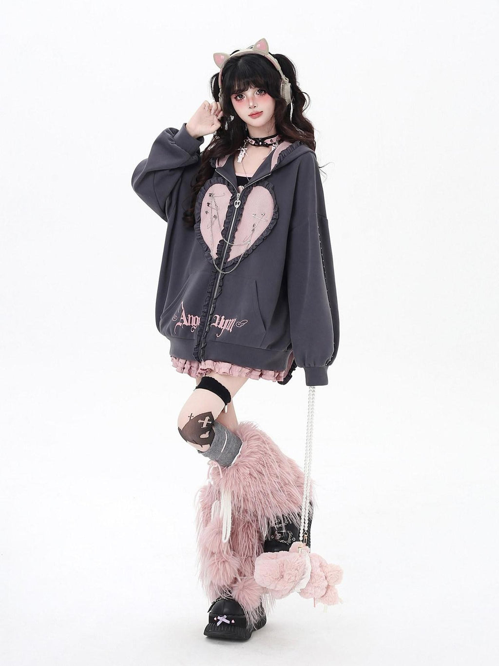 CRAZYGIRL Striped Bunny Ear Cute Hooded Zip Oversized Long Sleeve Women's Hoodies