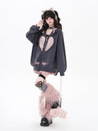 CRAZYGIRL Striped Bunny Ear Cute Hooded Zip Oversized Long Sleeve Women's Hoodies