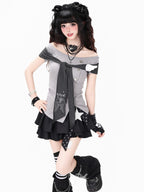 CRAZYGIRL Striped Embroidered Print One Shoulder Slim Women's Short Sleeve T-shirts