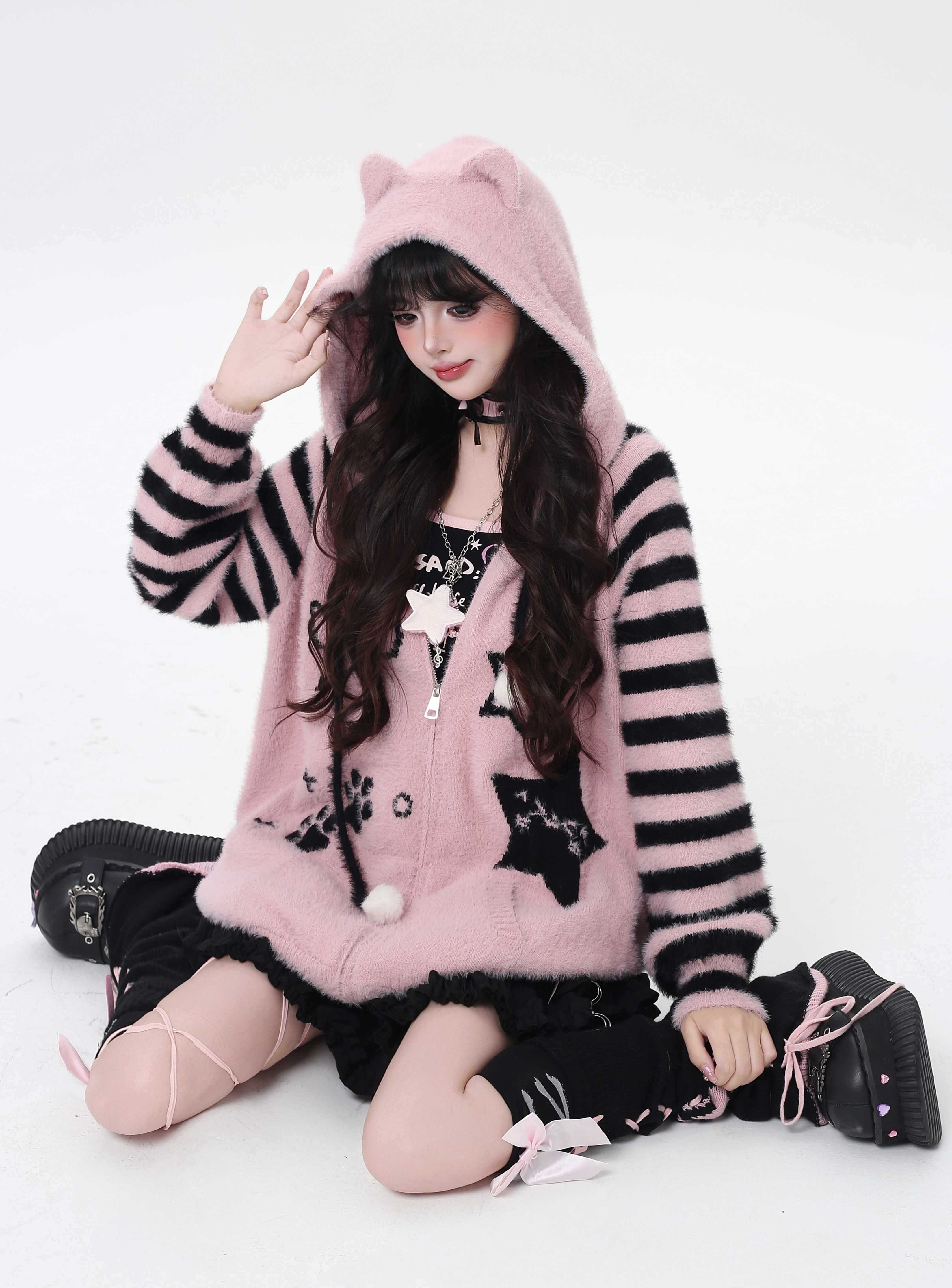 CRAZYGIRL_Striped_Hooded_V-neck_Loose_Fit_Button_Front_Women's_Knit_Cardigans_983265249957_MISSTT