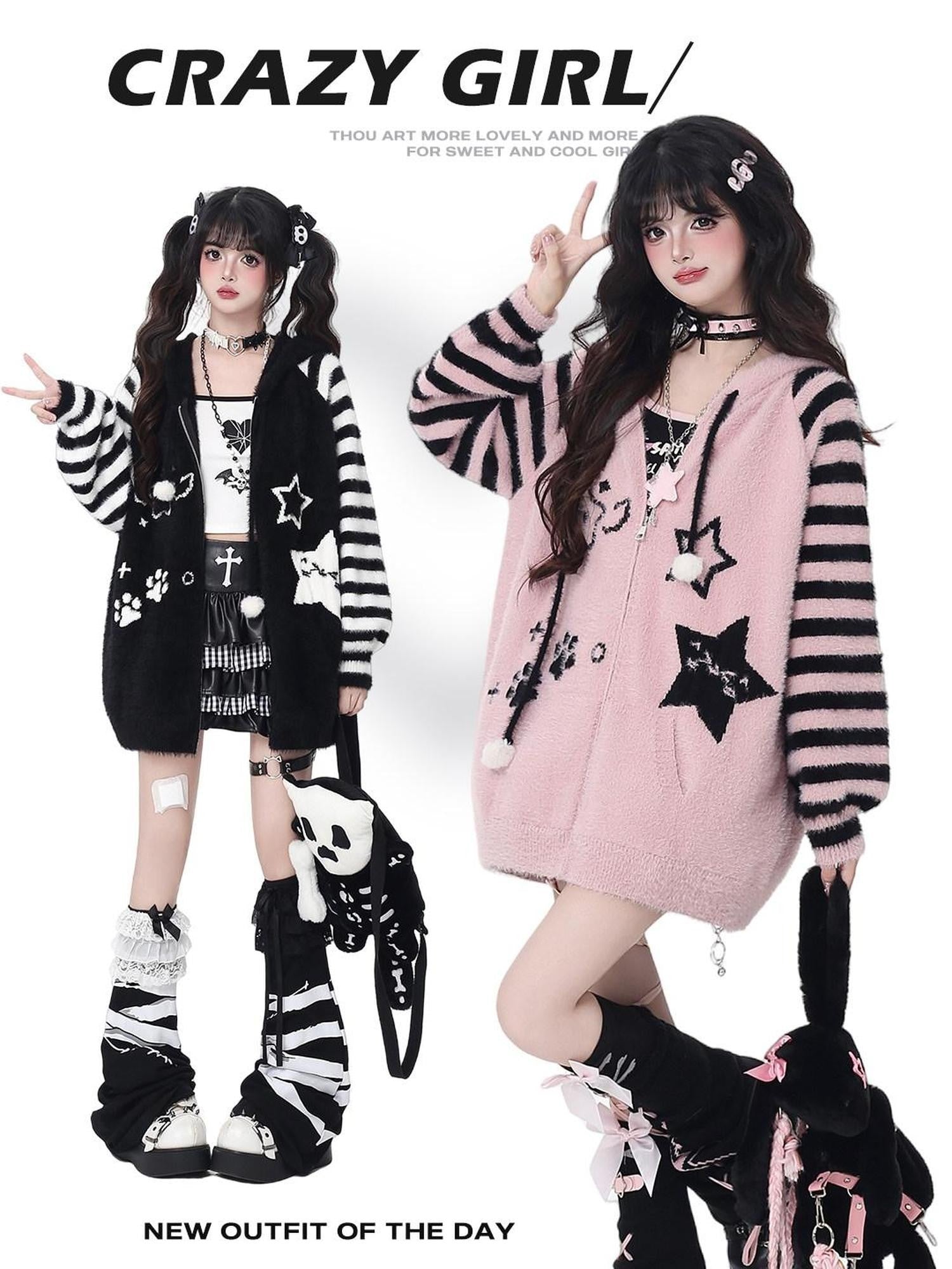 CRAZYGIRL Striped Hooded V-neck Loose Fit Button Front Women's Knit Cardigans