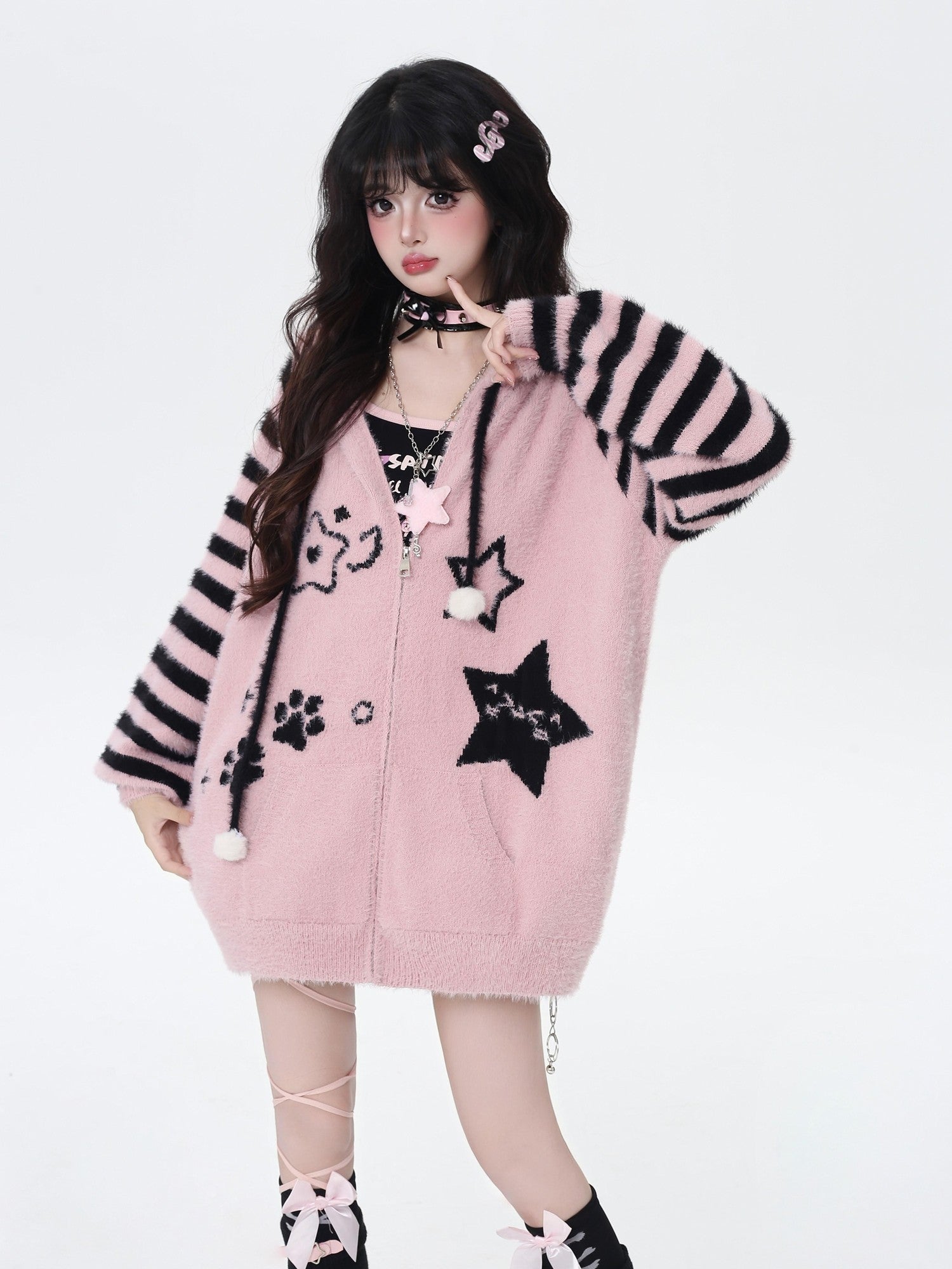 CRAZYGIRL Striped Hooded V-neck Loose Fit Button Front Women's Knit Cardigans