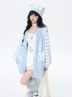 CRAZYGIRL Striped Hooded V-neck Loose Fit Button Front Women's Knit Cardigans