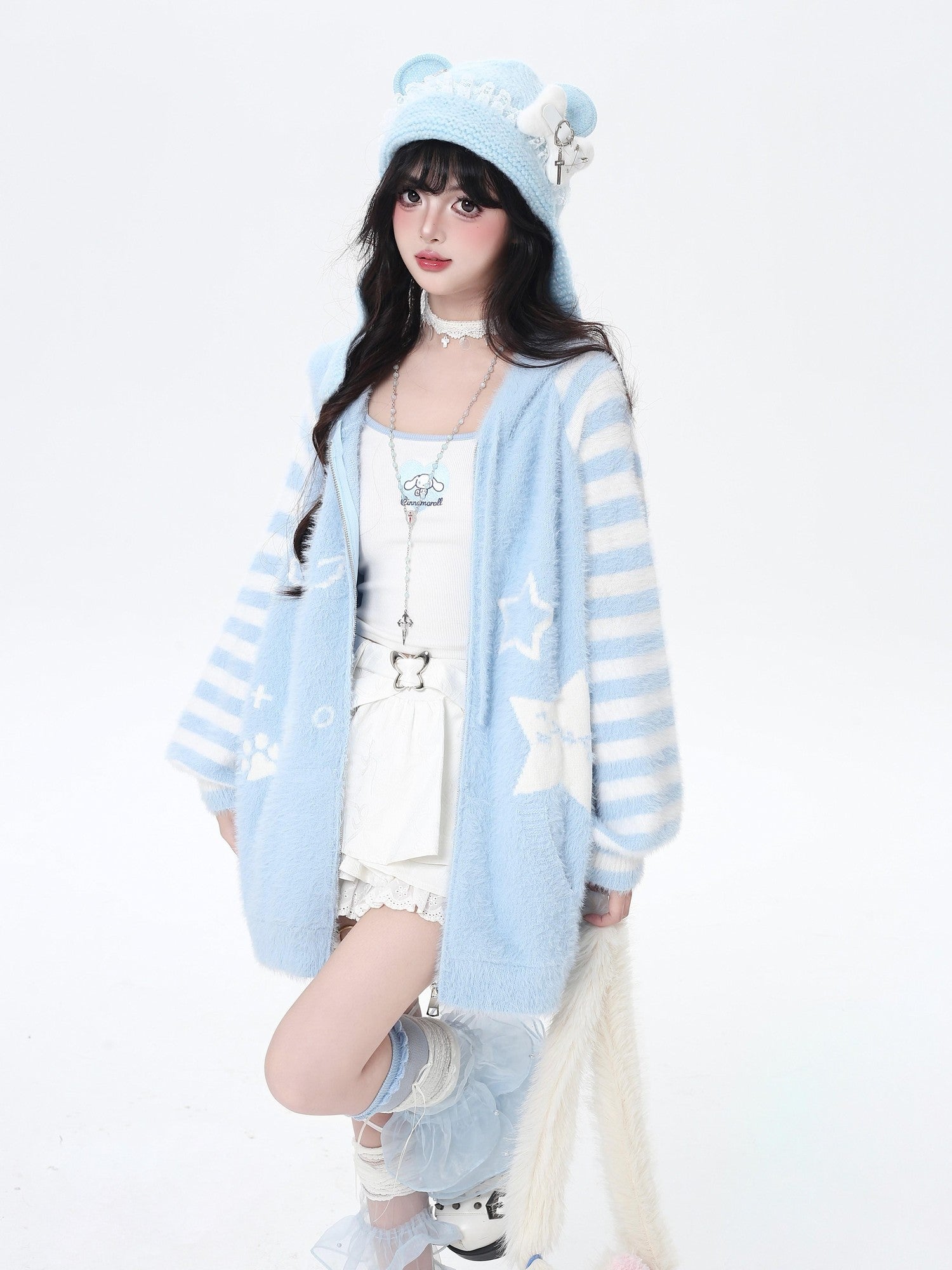 CRAZYGIRL Striped Hooded V-neck Loose Fit Button Front Women's Knit Cardigans