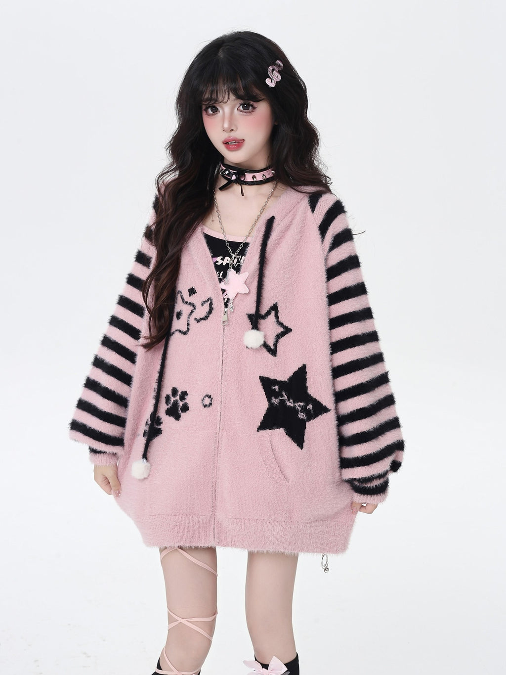 CRAZYGIRL Striped Hooded V-neck Loose Fit Button Front Women's Knit Cardigans