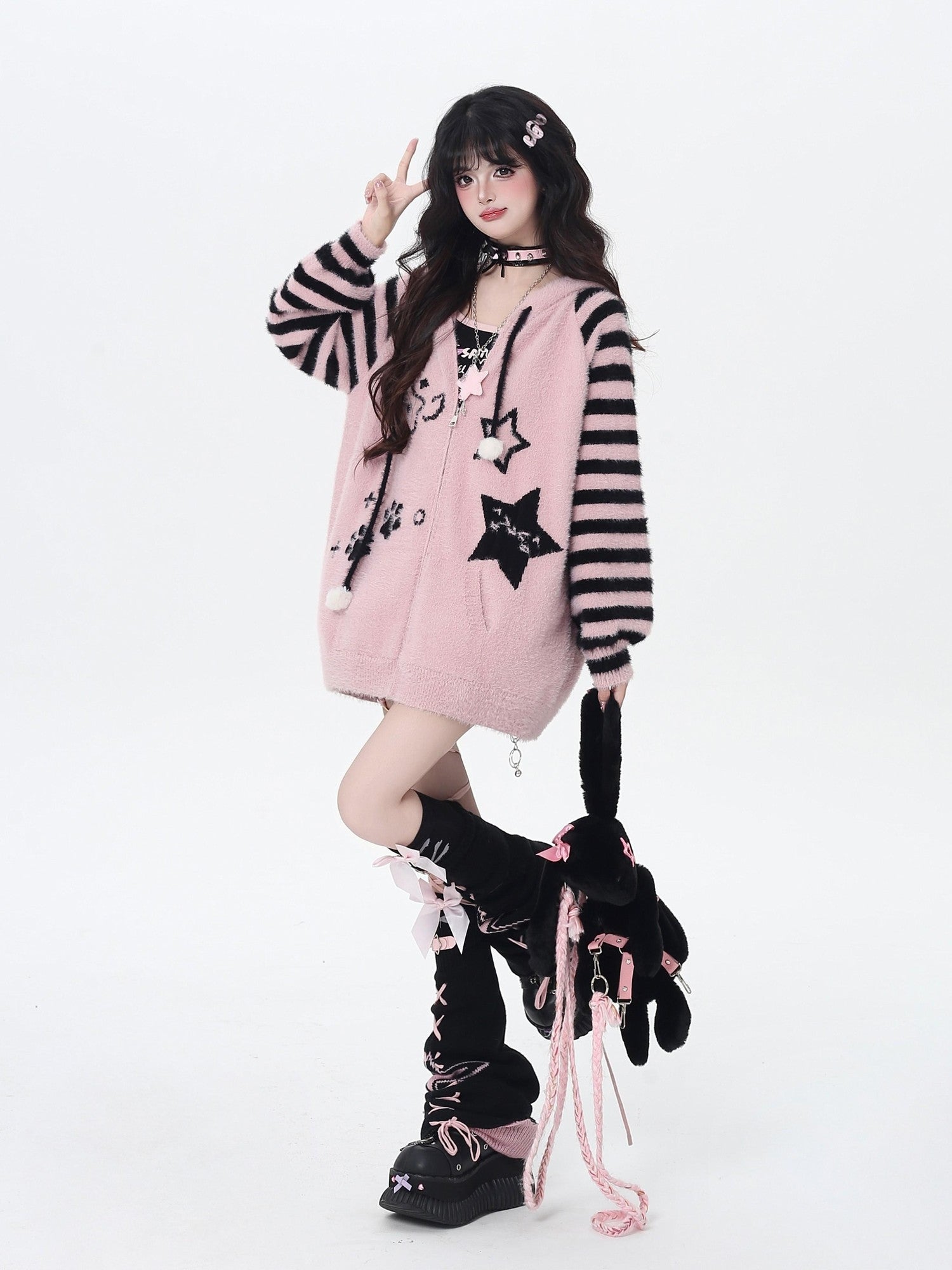 CRAZYGIRL Striped Hooded V-neck Loose Fit Button Front Women's Knit Cardigans