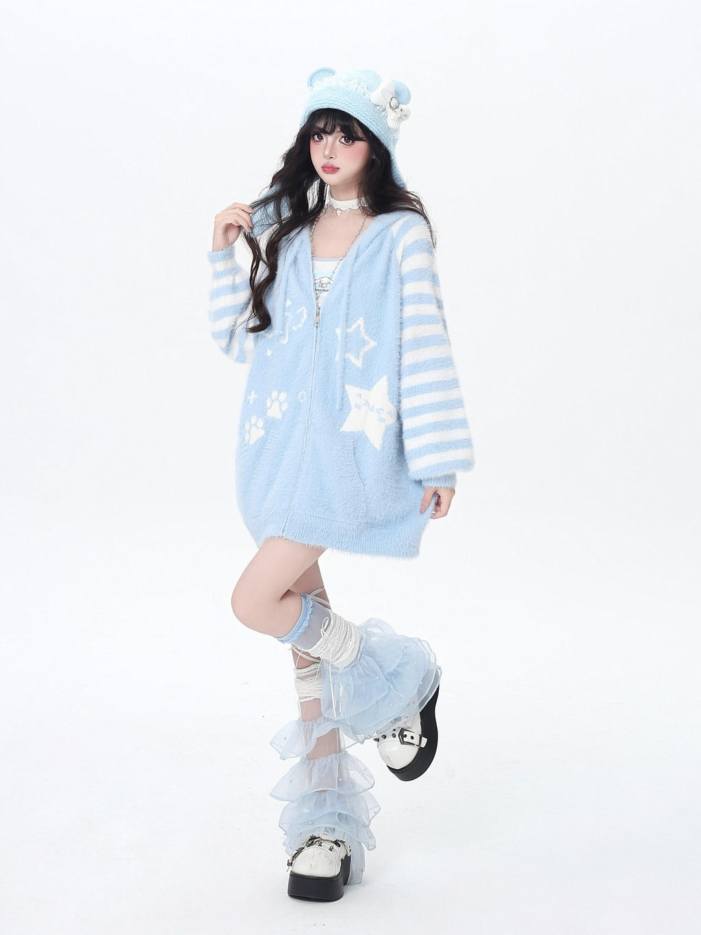 CRAZYGIRL Striped Hooded V-neck Loose Fit Button Front Women's Knit Cardigans