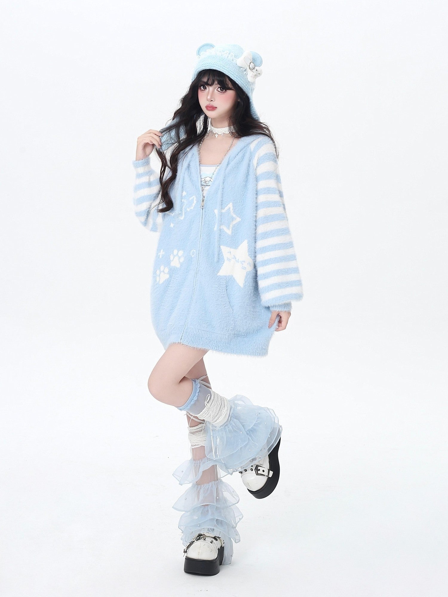 CRAZYGIRL Striped Hooded V-neck Loose Fit Button Front Women's Knit Cardigans