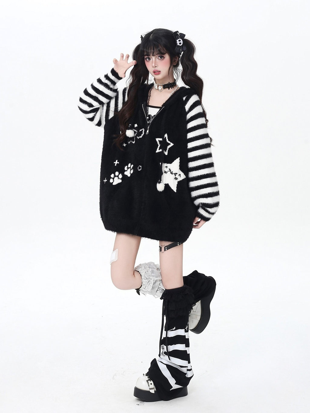 CRAZYGIRL Striped Hooded V-neck Loose Fit Button Front Women's Knit Cardigans