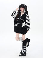 CRAZYGIRL Striped Hooded V-neck Loose Fit Button Front Women's Knit Cardigans