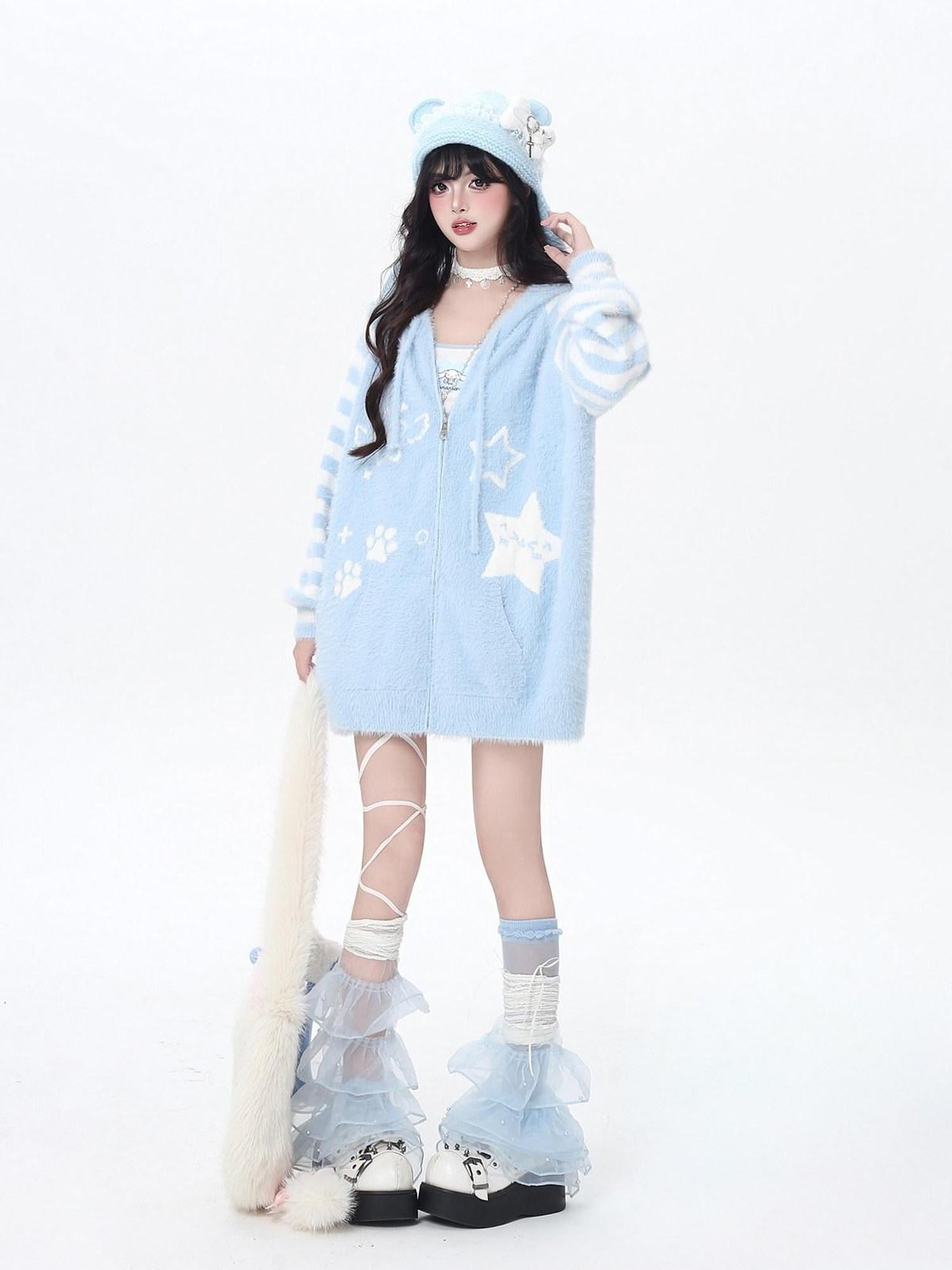CRAZYGIRL Striped Hooded V-neck Loose Fit Button Front Women's Knit Cardigans