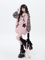CRAZYGIRL Striped Hooded V-neck Loose Fit Button Front Women's Knit Cardigans
