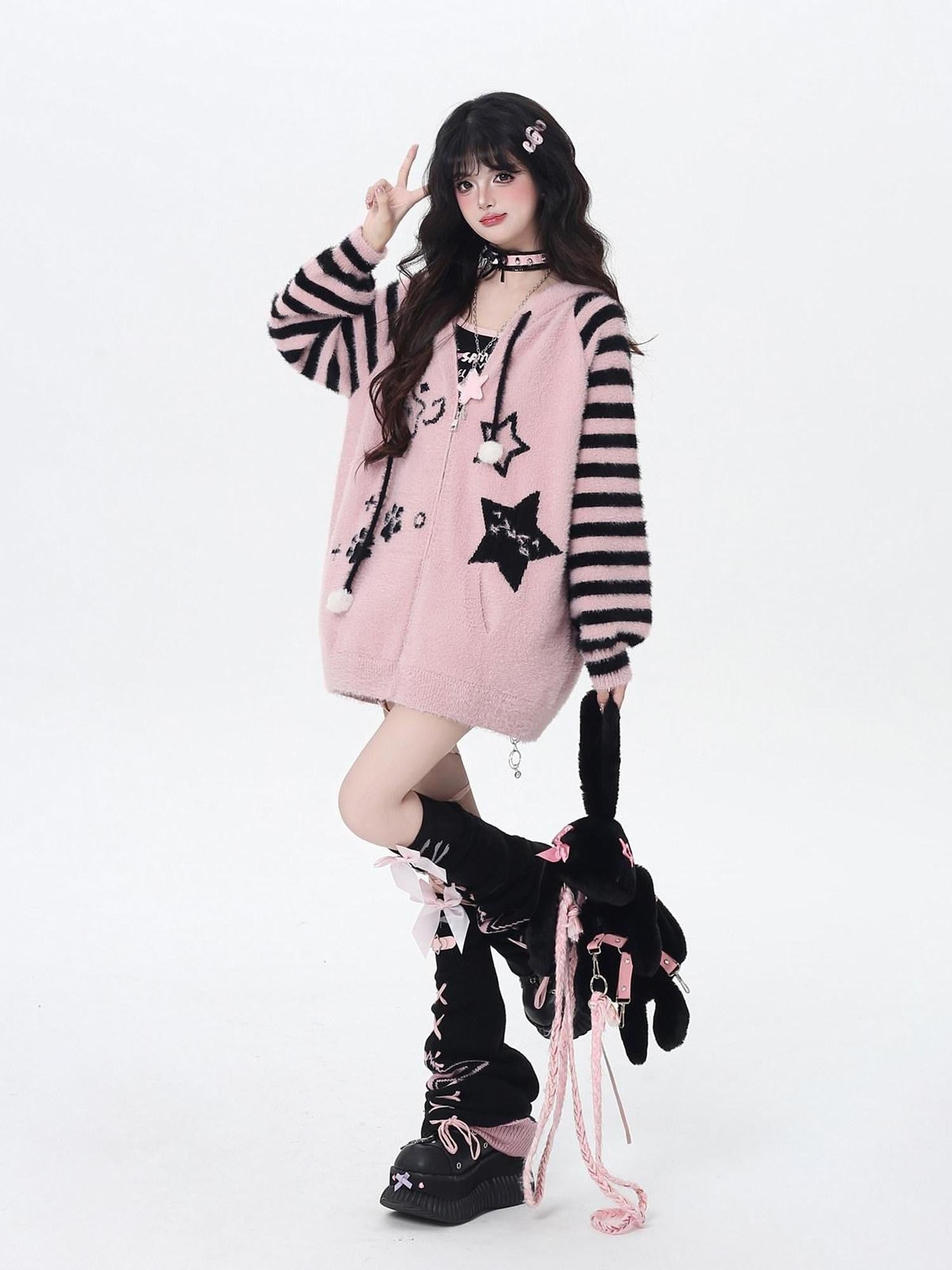 CRAZYGIRL Striped Hooded V-neck Loose Fit Button Front Women's Knit Cardigans