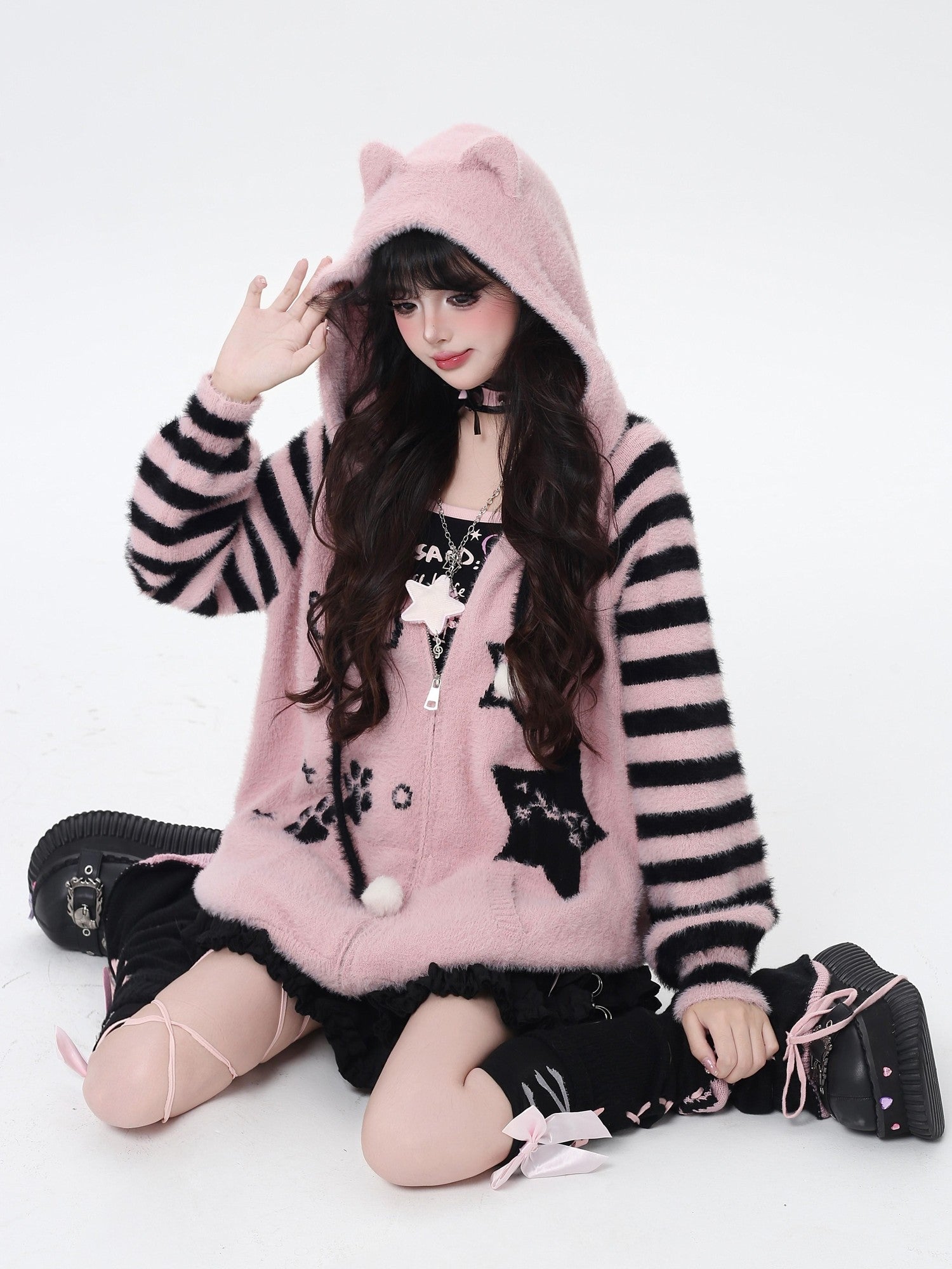CRAZYGIRL Striped Hooded V-neck Loose Fit Button Front Women's Knit Cardigans