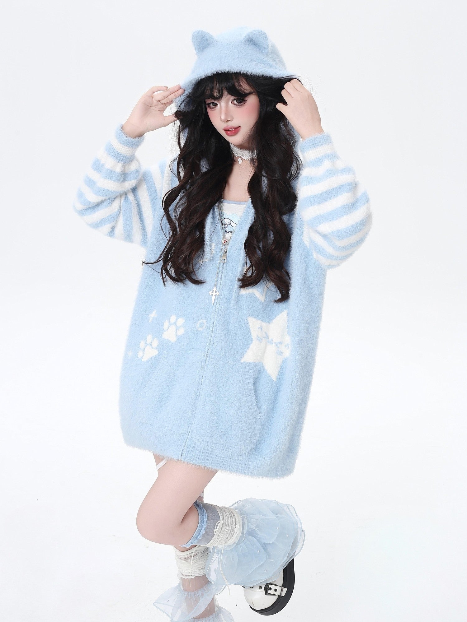 CRAZYGIRL Striped Hooded V-neck Loose Fit Button Front Women's Knit Cardigans