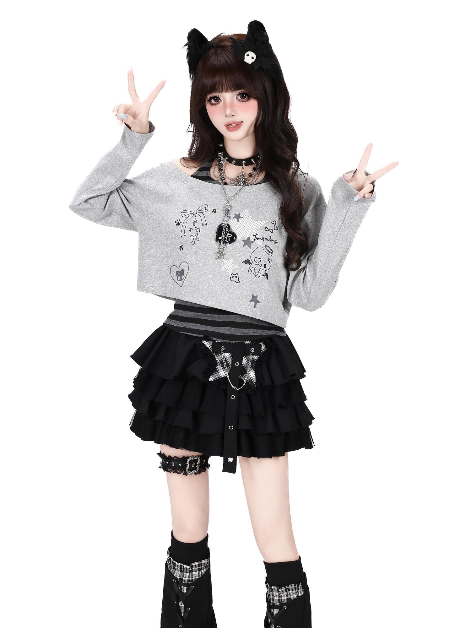 CRAZYGIRL Striped Printed Off Shoulder Vest Two Piece Women's Long Sleeve T-shirts