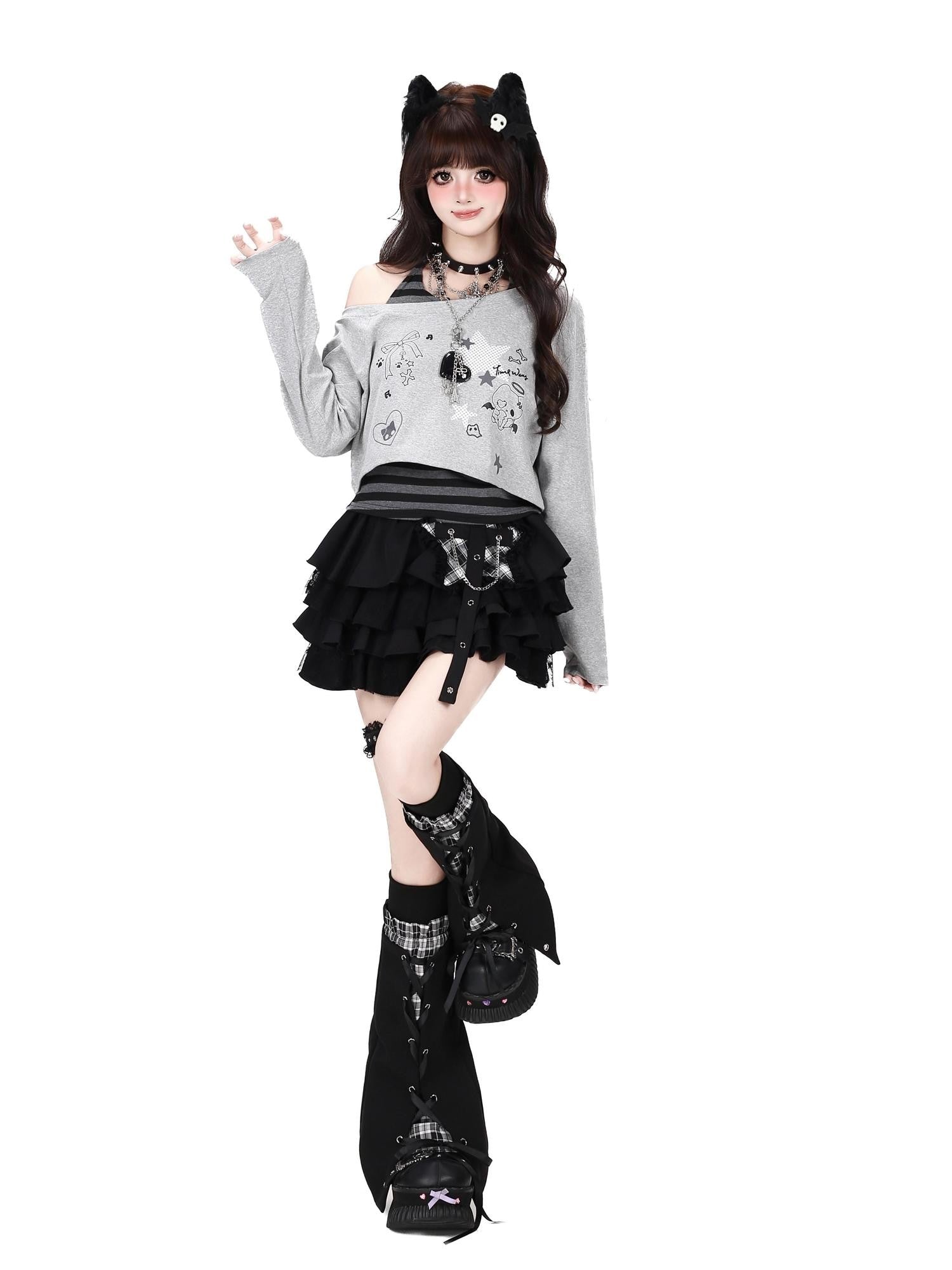 CRAZYGIRL Striped Printed Off Shoulder Vest Two Piece Women's Long Sleeve T-shirts