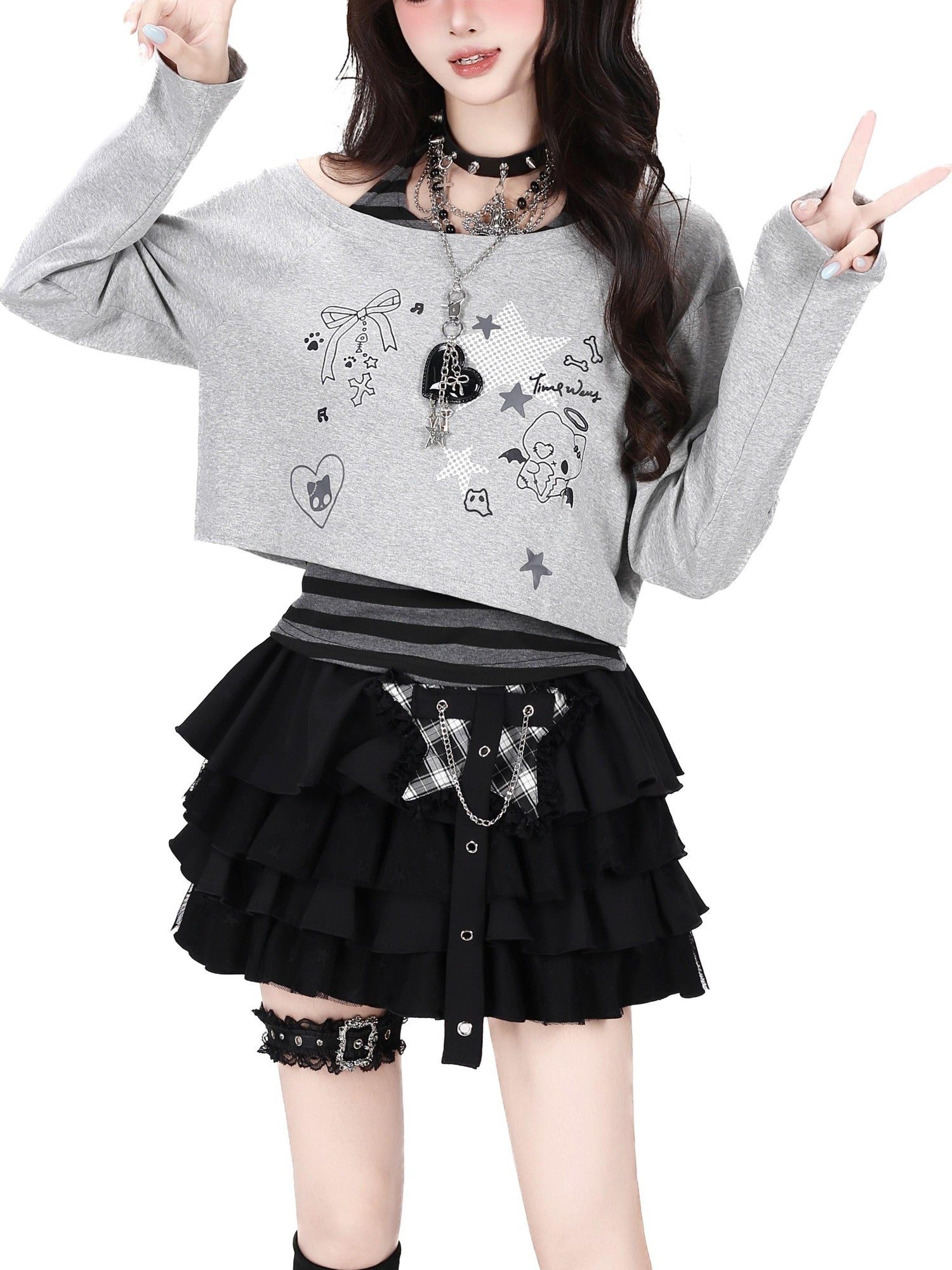 CRAZYGIRL Striped Printed Off Shoulder Vest Two Piece Women's Long Sleeve T-shirts