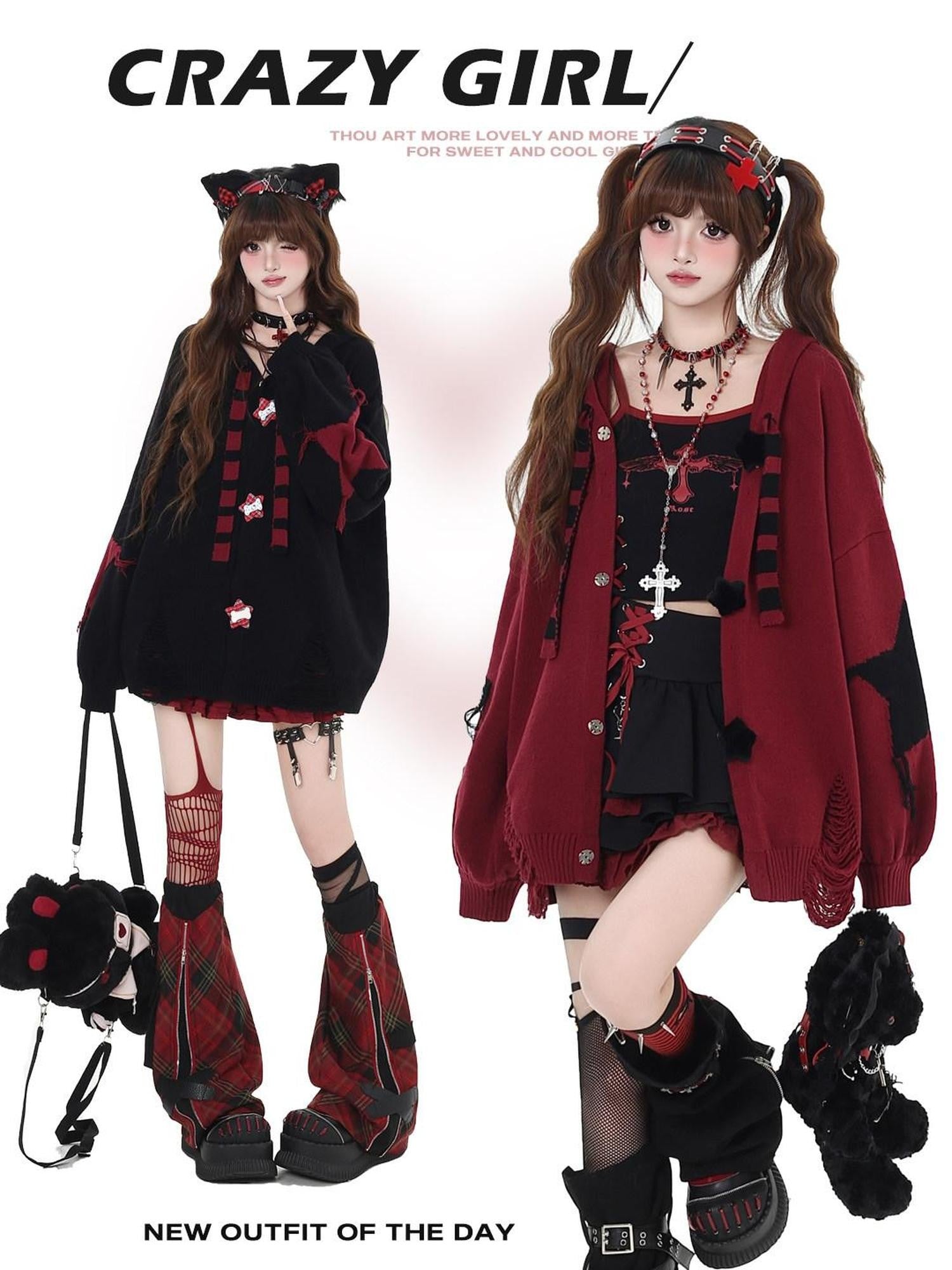 CRAZYGIRL Striped Star Hooded Rabbit Ear Street Style Women's Knit Cardigans