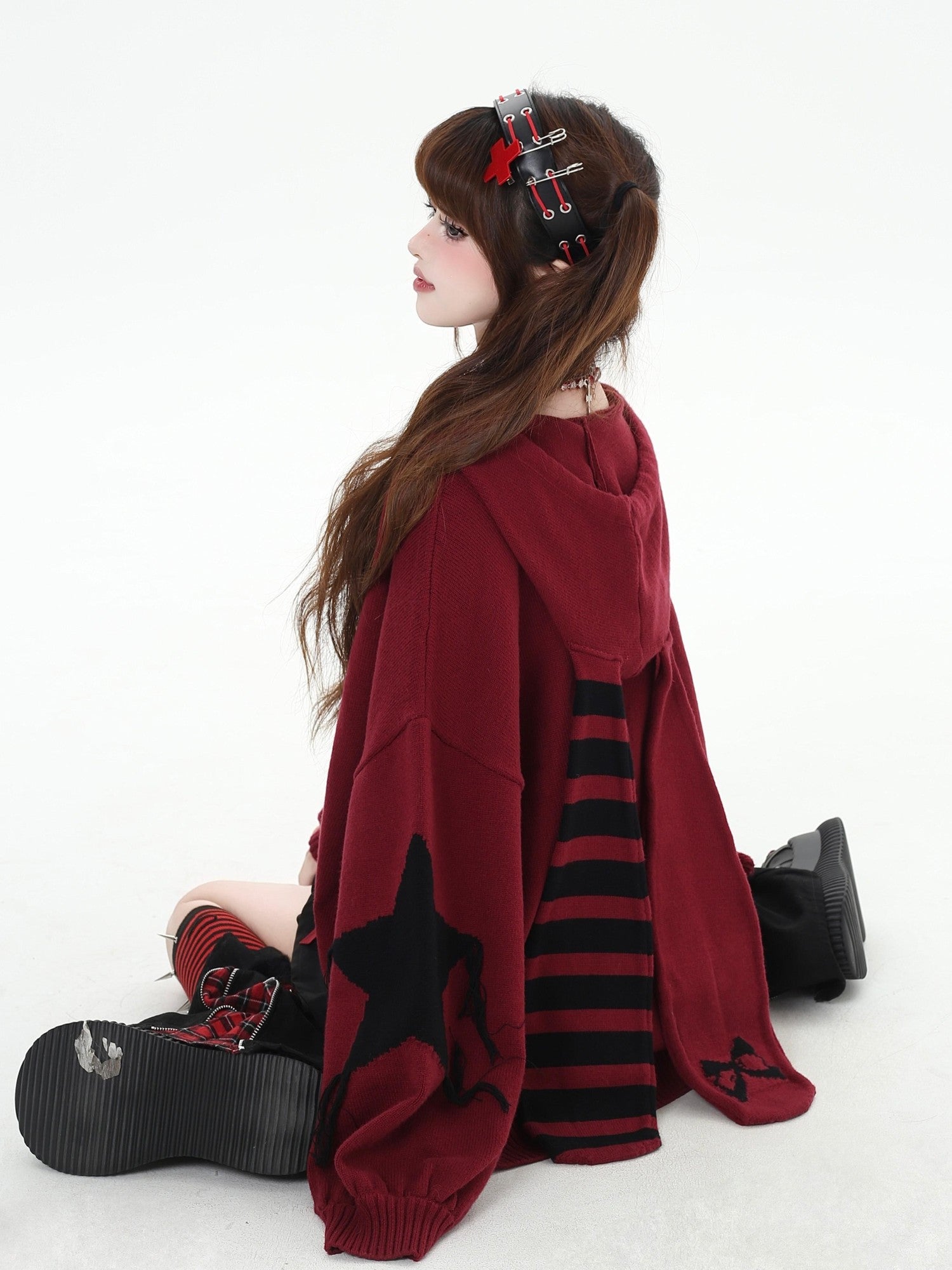 CRAZYGIRL Striped Star Hooded Rabbit Ear Street Style Women's Knit Cardigans